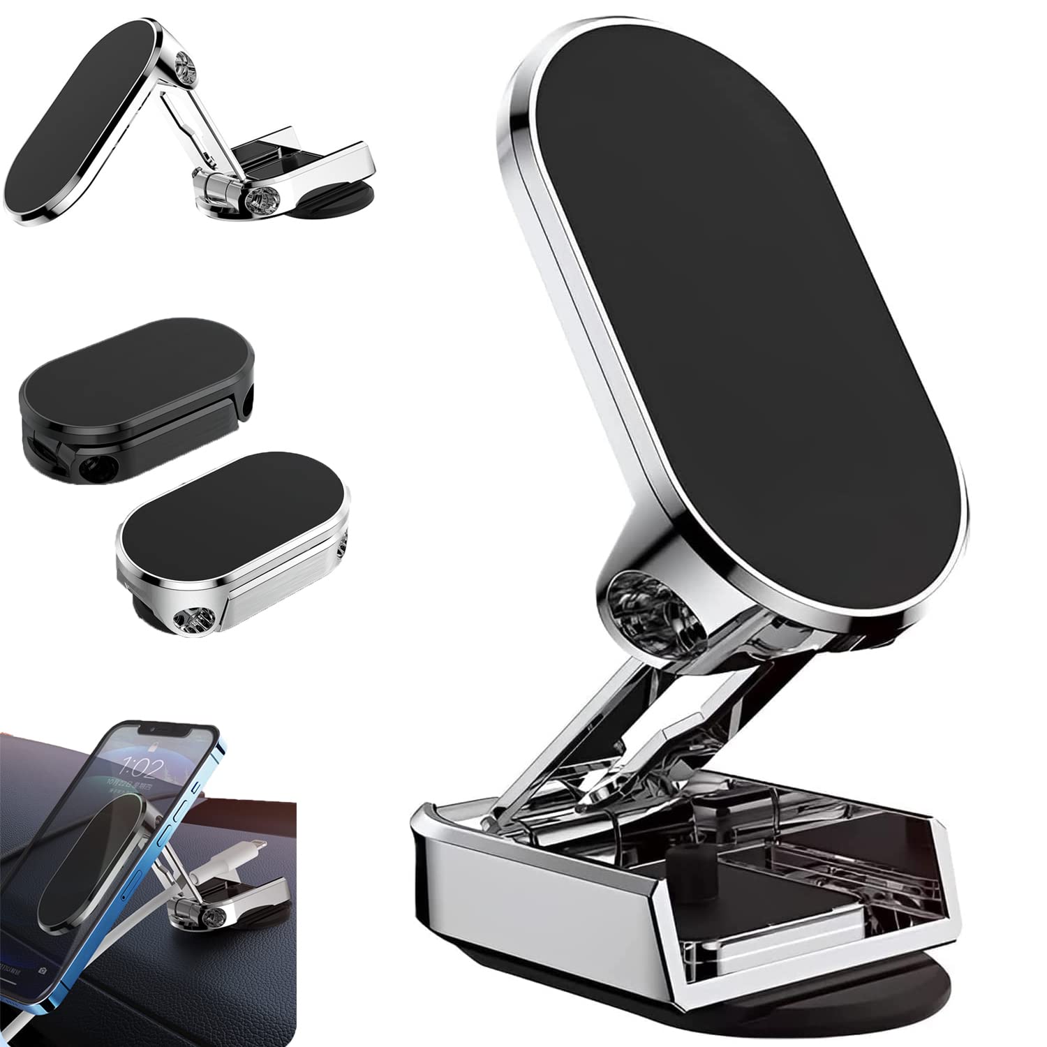 Car Phone Holder, 720-Degree Adjustable Swivel and Foldable, Alloy Folding Magnetic Bracket, Compatible with All Smartphones, Black