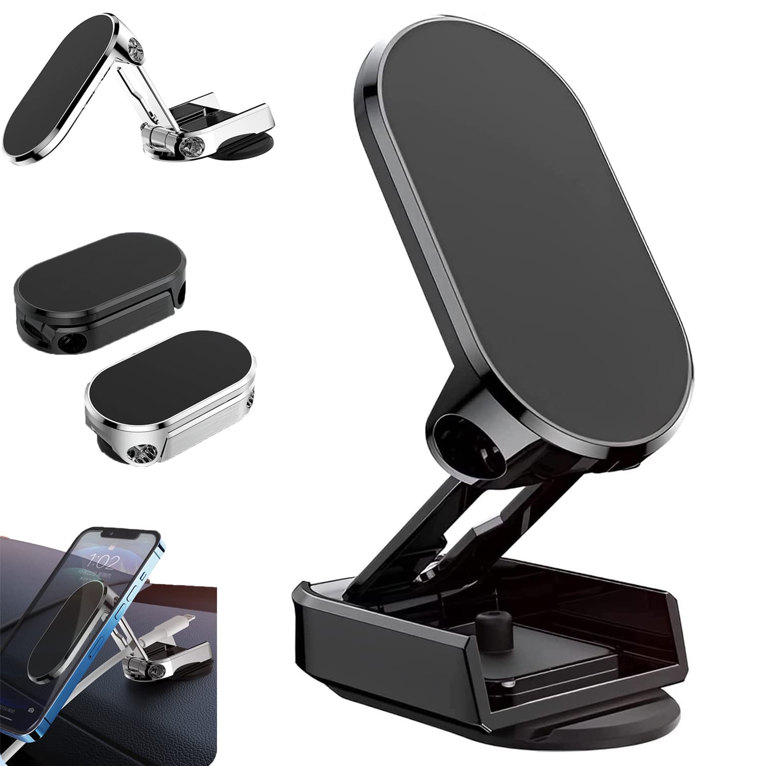 Car Phone Holder, 720-Degree Adjustable Swivel and Foldable, Alloy Folding Magnetic Bracket, Compatible with All Smartphones, Black