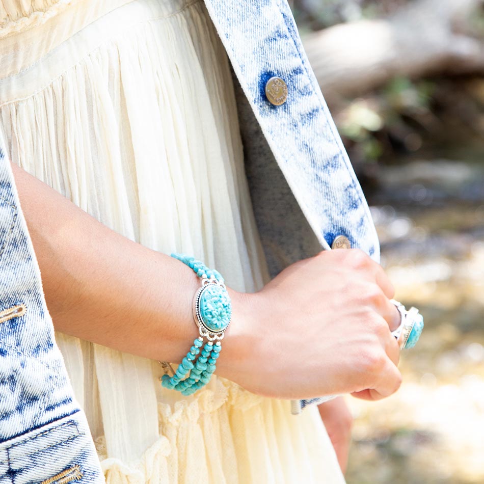 Carved Blue Turquoise and Sterling Silver Toggle Bracelet