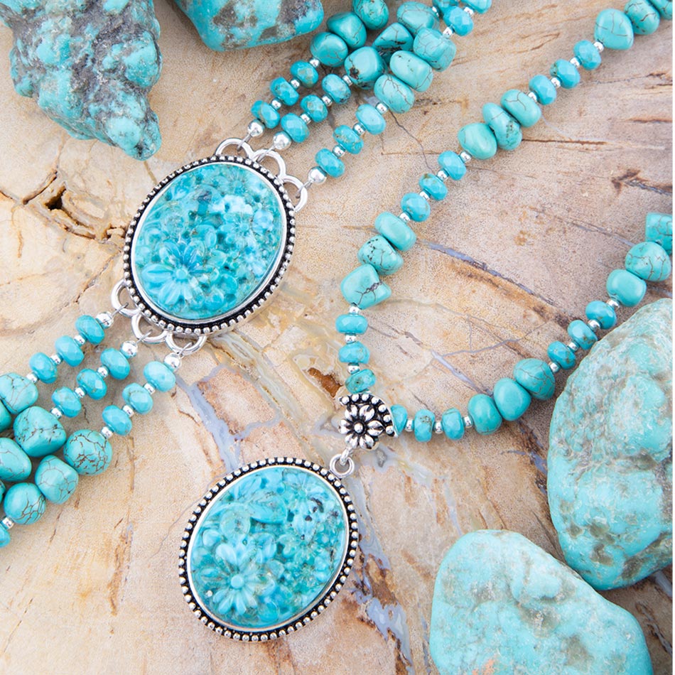 Carved Blue Turquoise and Sterling Silver Toggle Bracelet
