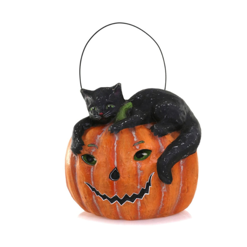 Cat With Pumpkin Paper Mache Candy Bucket - Shipping 9/20