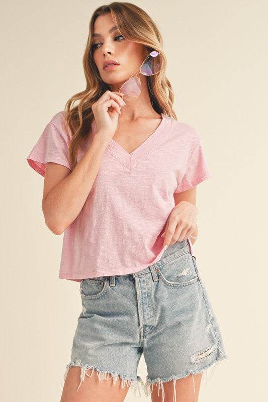 Aemi + Co Side Slit V-Neck Short Sleeve Cropped T-Shirt