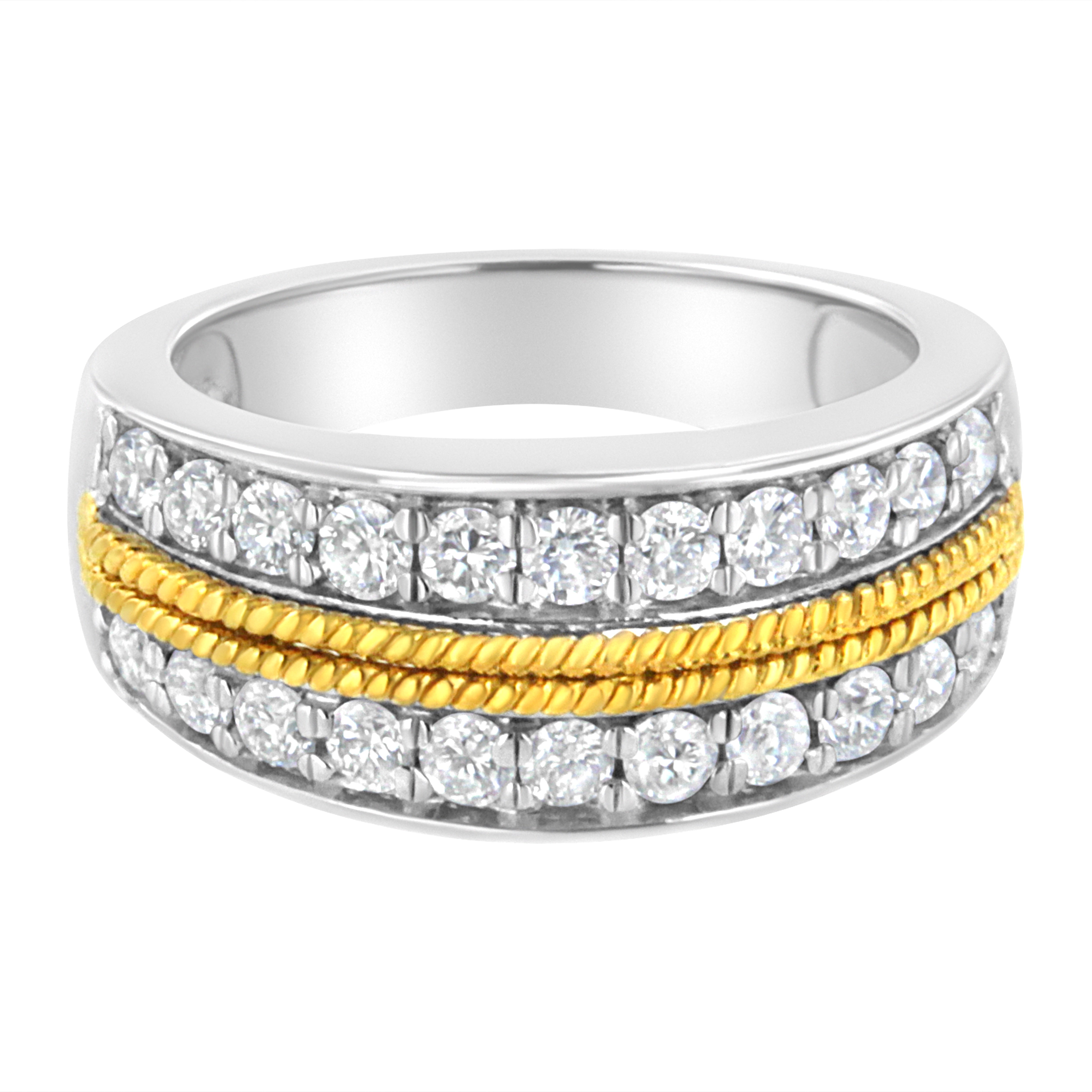 10K Yellow and White Gold Plated Sterling Silver 1 Cttw Lab Grown Diamond 2 Row Band Ring (F-G Color, Vs2-Si1 Clarity)