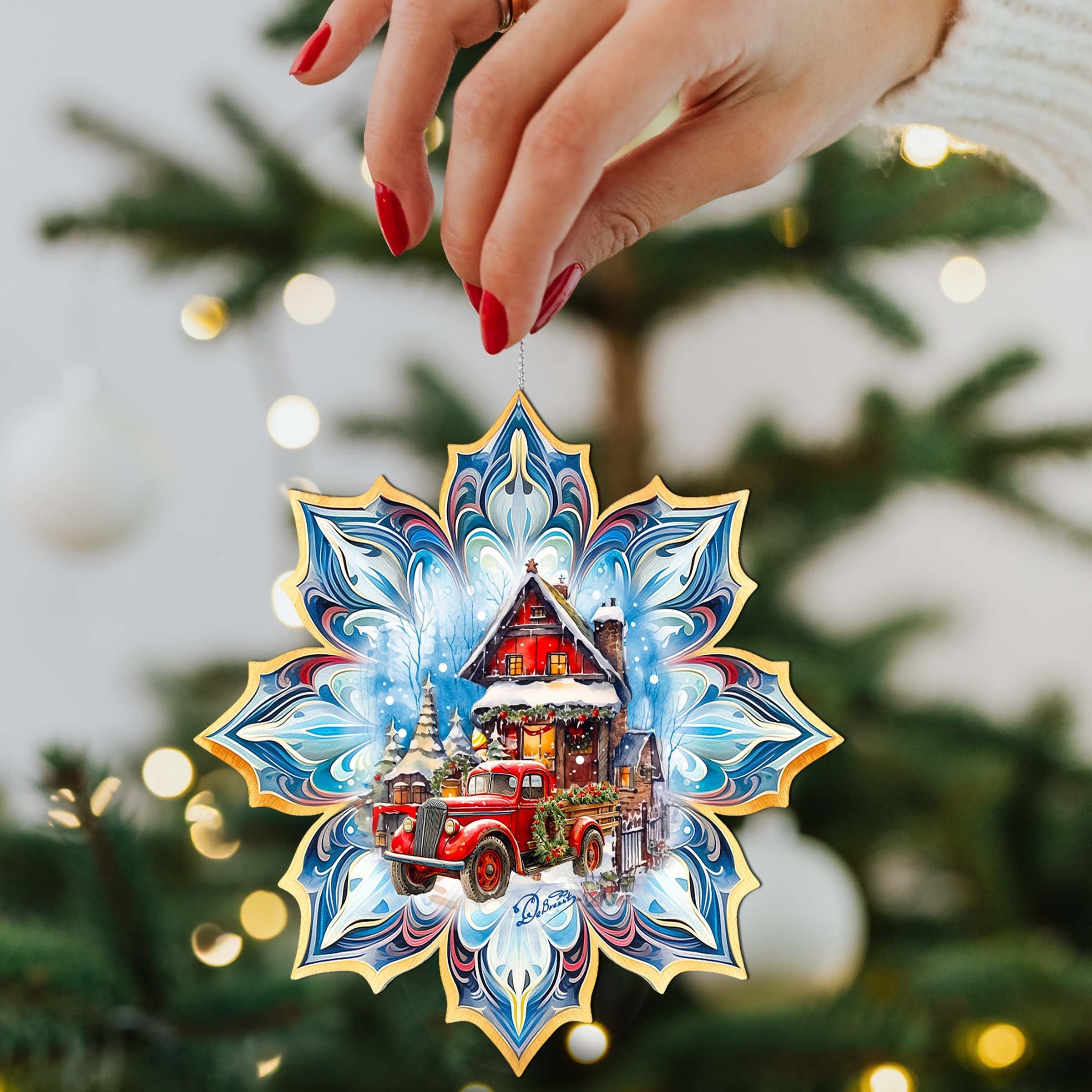 Christmas Cottage Snowflake Wooden Ornaments by G. Debrekht - Christmas Decor - 8688406