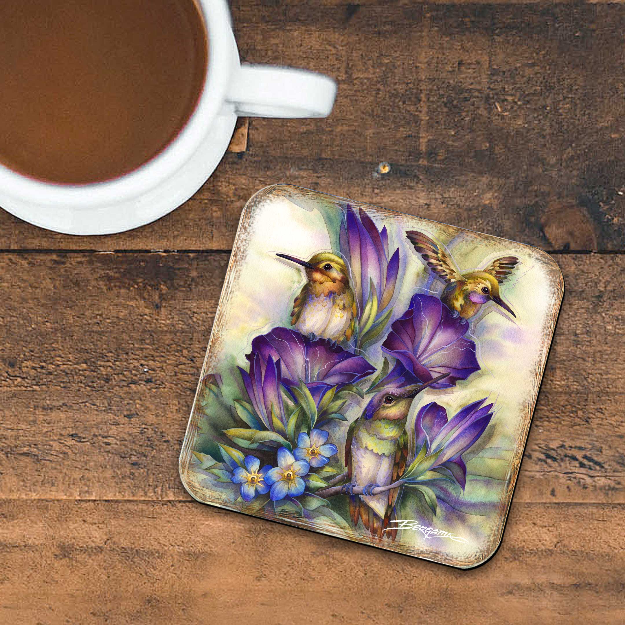 Everlasting Friendship Hummingbirds Wooden Cork Coasters Gift Set of 4 by J. Bergsma - Wildlife Decor  - 8199464C-S4