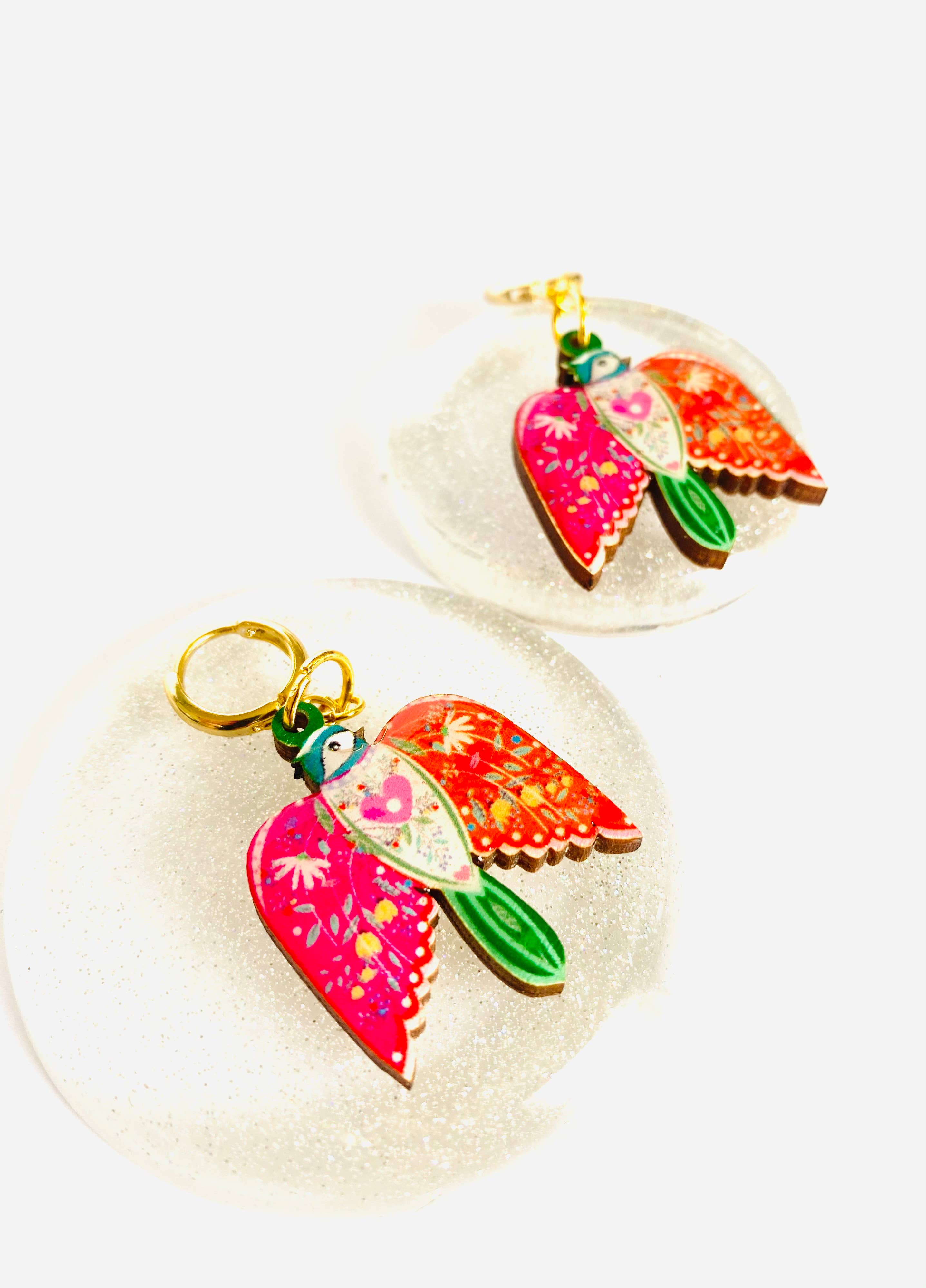 Large Bird Dangle Earrings on Huggie Hoops by Rosie Rose Parker