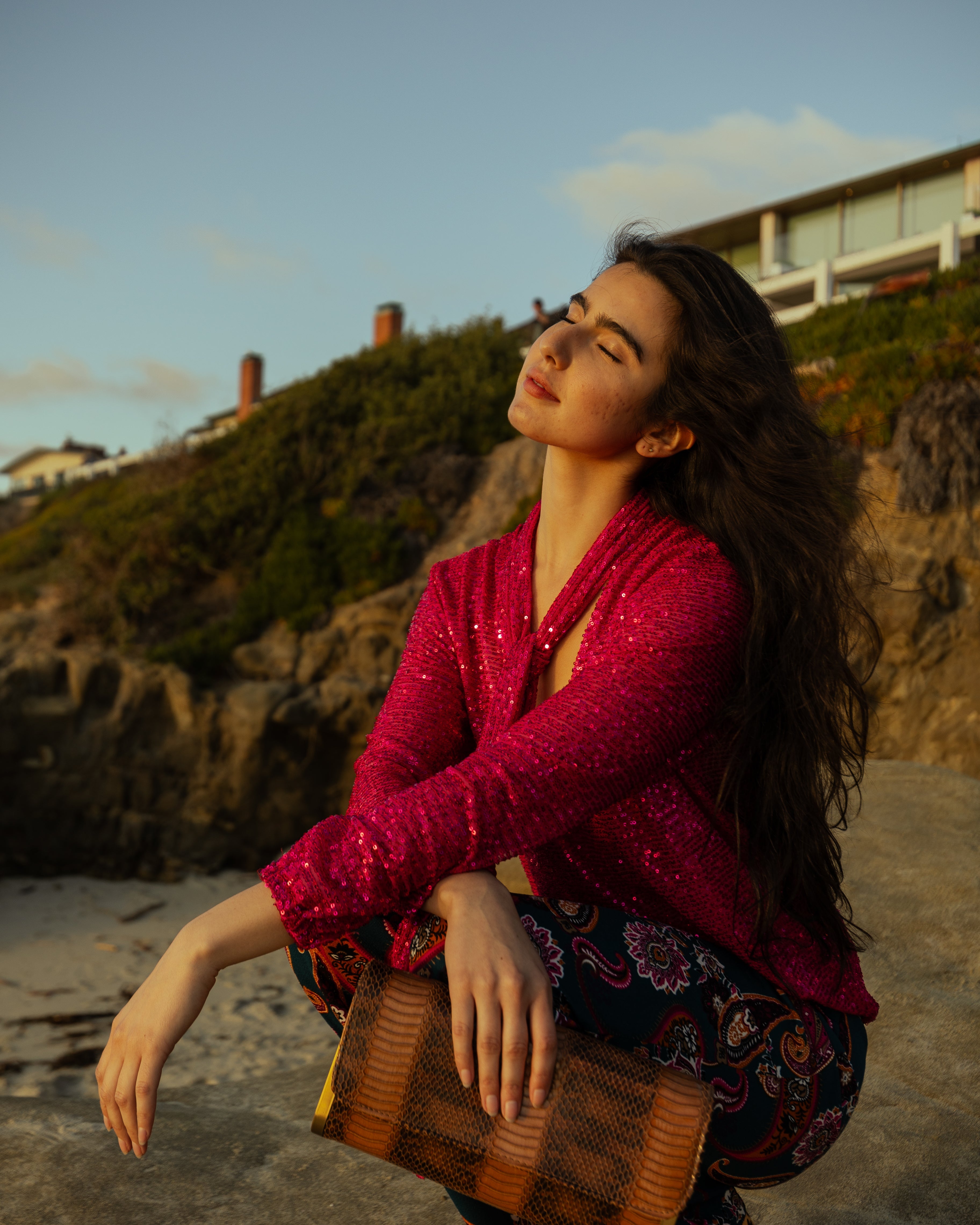 Cerise Sequin Tie Front Blouse