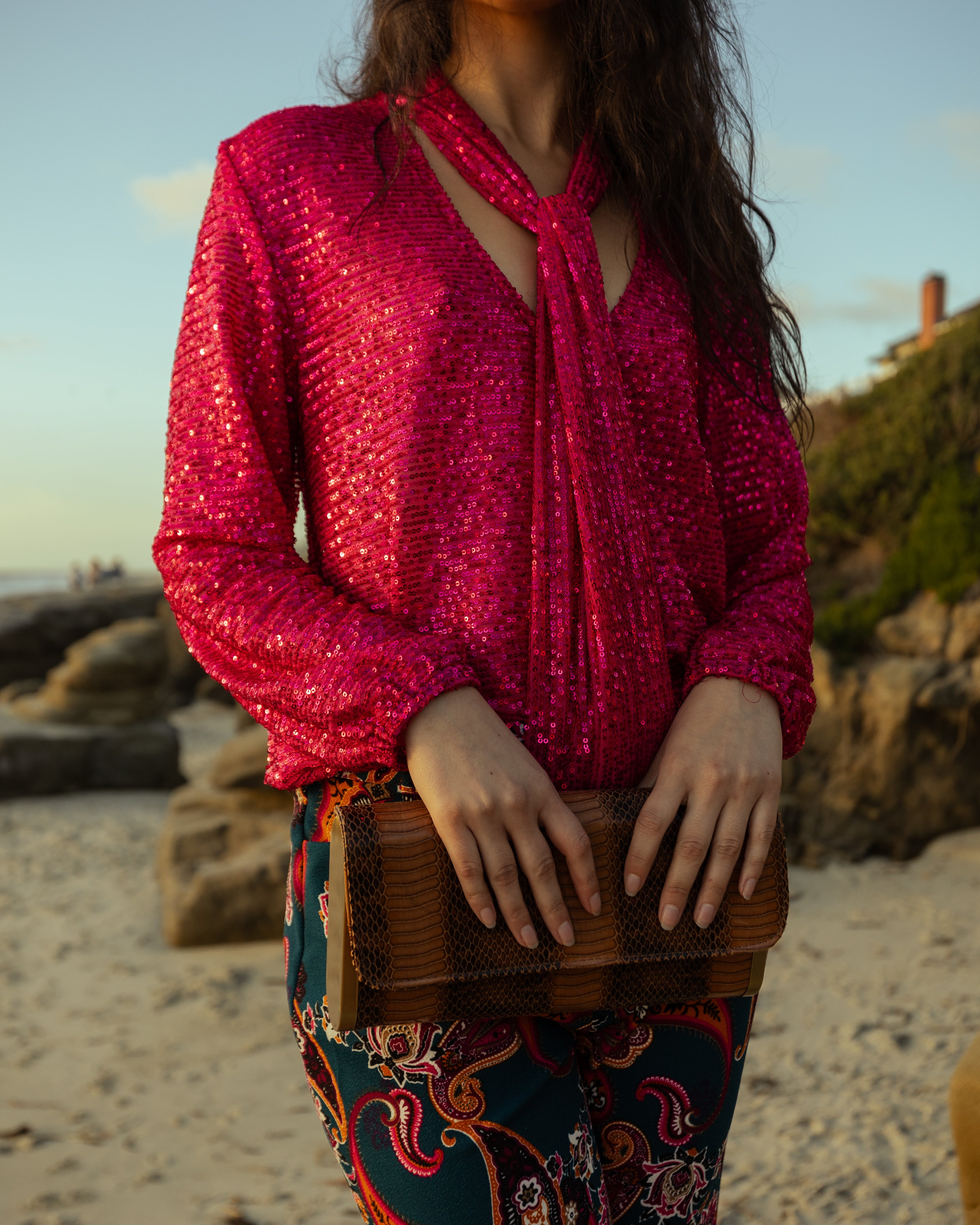 Cerise Sequin Tie Front Blouse