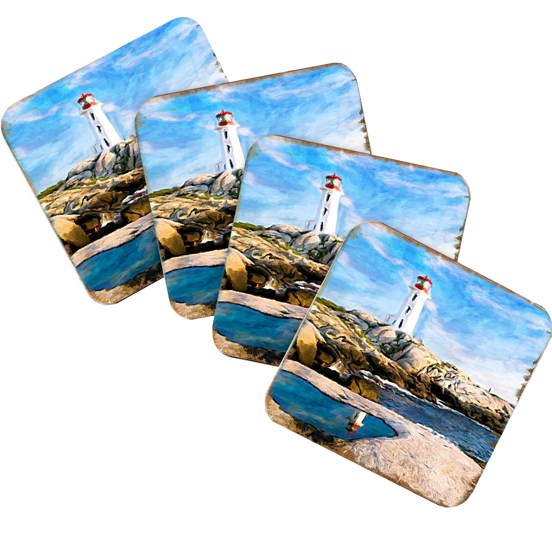 Lighthouse Bay Coastal Wooden Cork Coasters Gift Set of 4 by Nature Wonders - Coastal Sea-Life Decor - 95268C-S4
