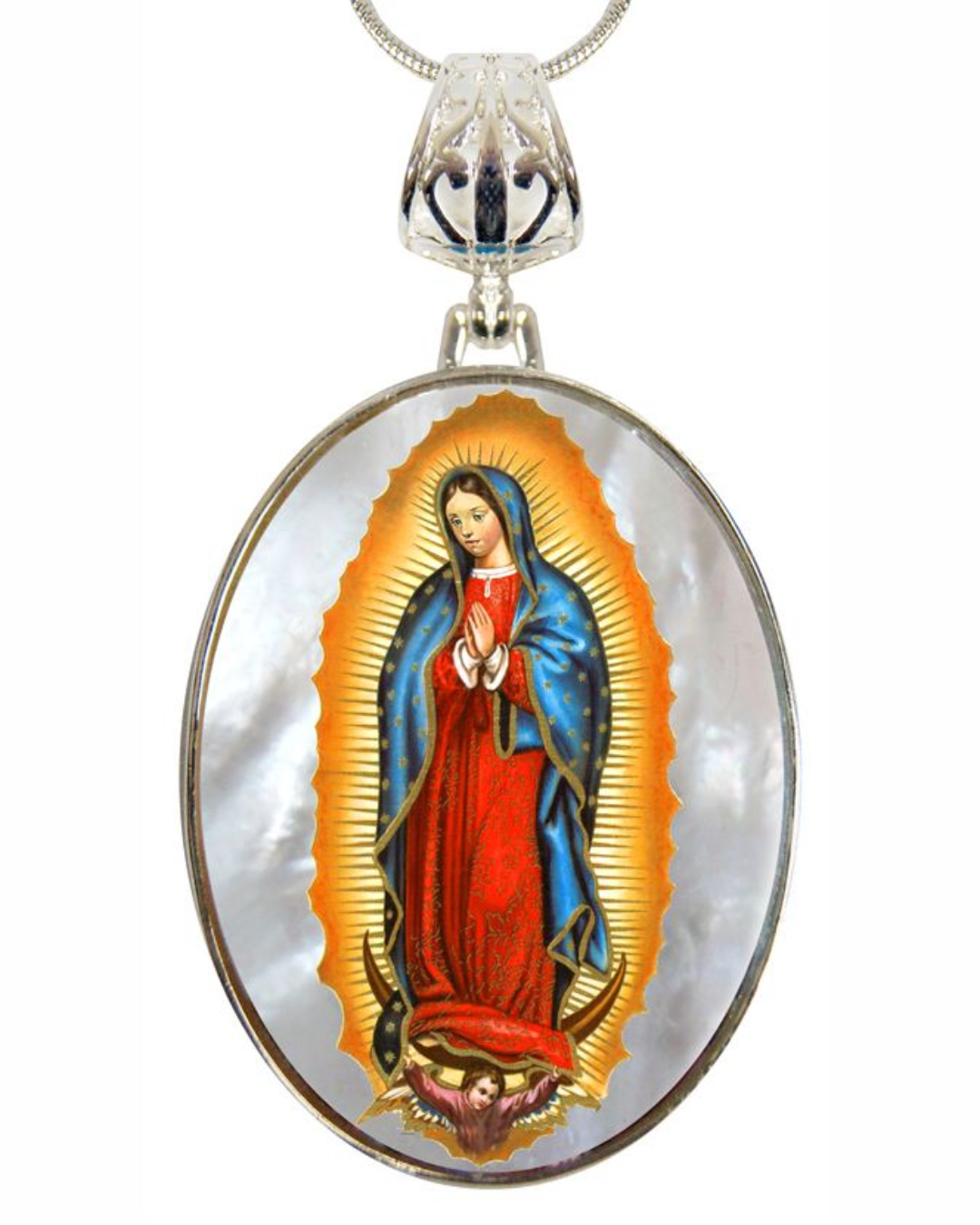 Lady of Guadalupe Silver Plated Mother of Pearl Necklace Jewelry - 43032