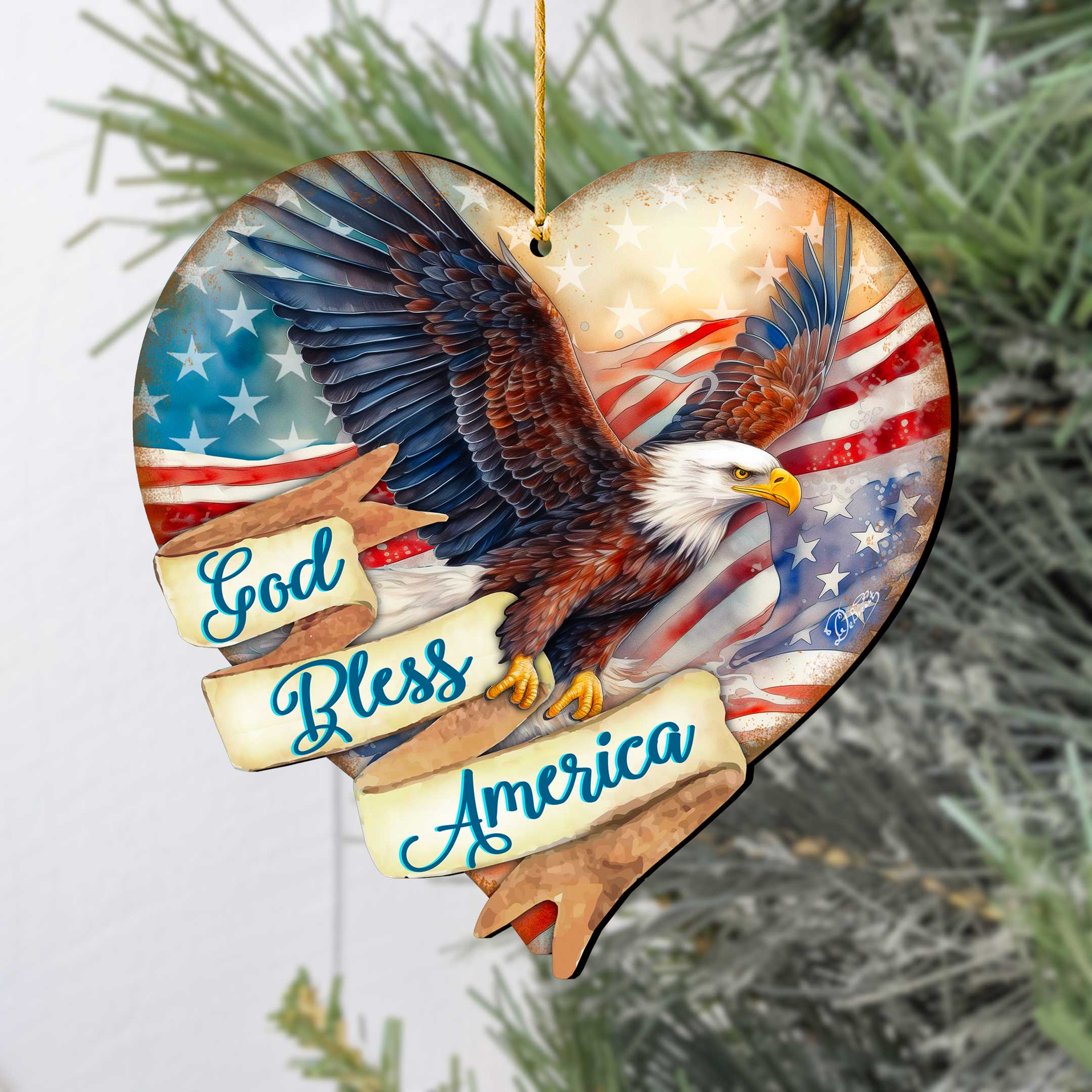God Bless America Patriotic Eagle Heart Wooden Ornaments by G.Debrekht American Holiday Decor - 8652789