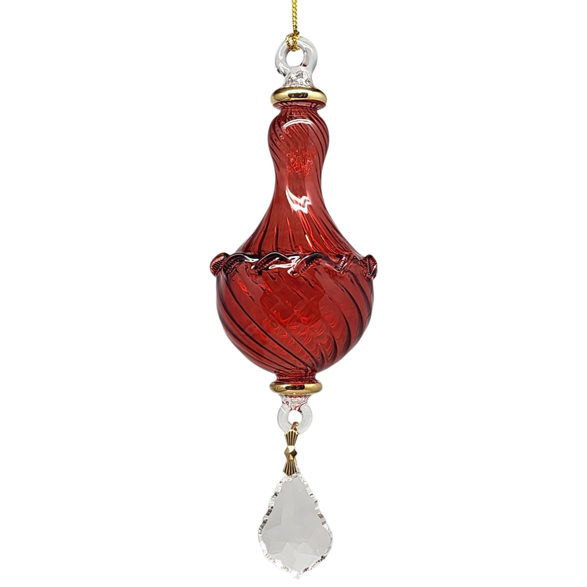 Blown Glass Twisted Chandelier Ornament with Crystal Dangle - Red