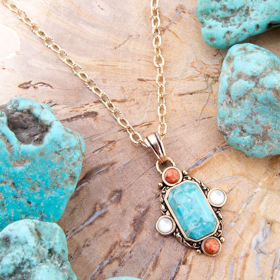 Champs Blue Turquoise and Orange Coral Golden Pendant Necklace