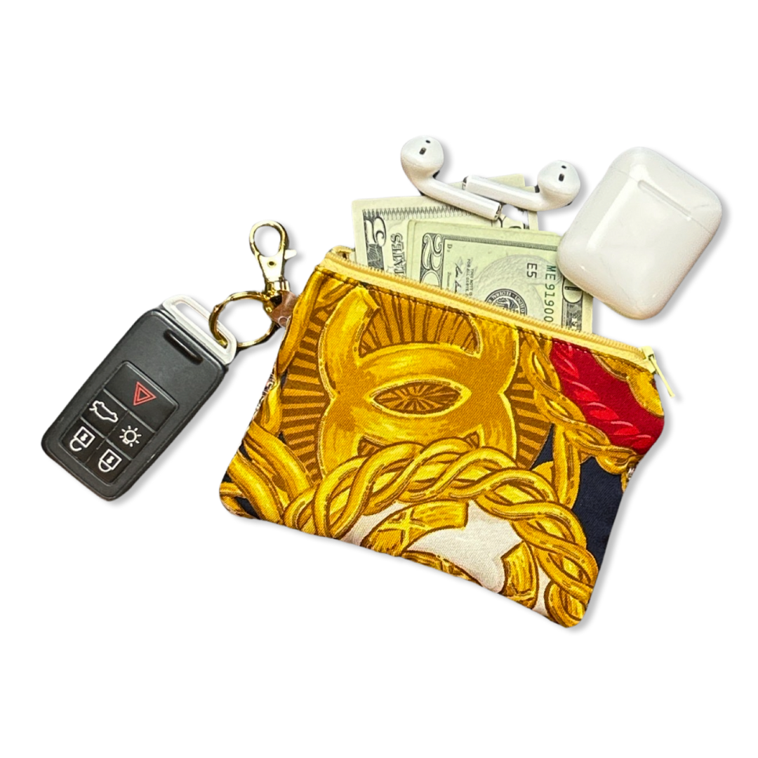 Gold Buttons Vintage Silk Scarf Coffee Run Keychain Bag