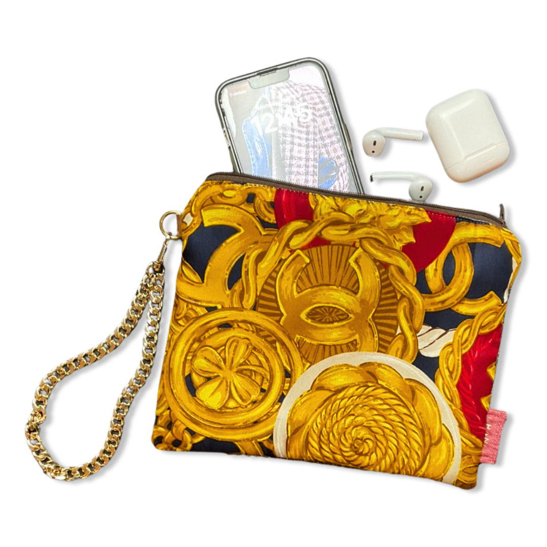 Gold Buttons Vintage Silk Scarf Wristlet Bag