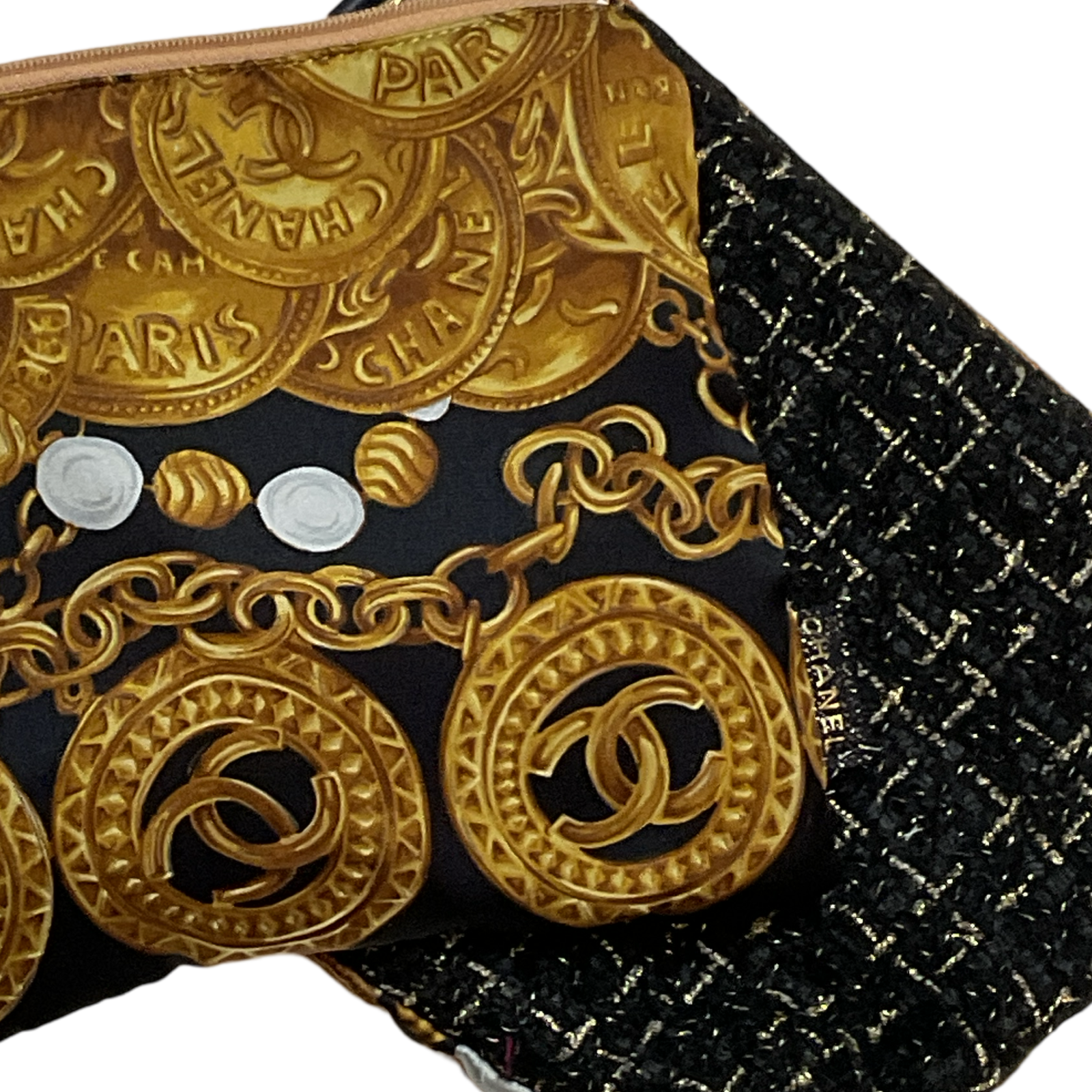 CC Logo Gold Coins Noir Vintage Silk Scarf Wristlet Bag