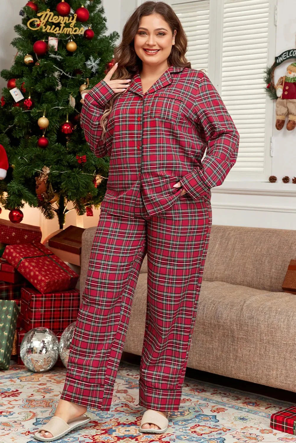 Christmas Plus Size Plaid Collared Neck Top and Pants Lounge Set For women
