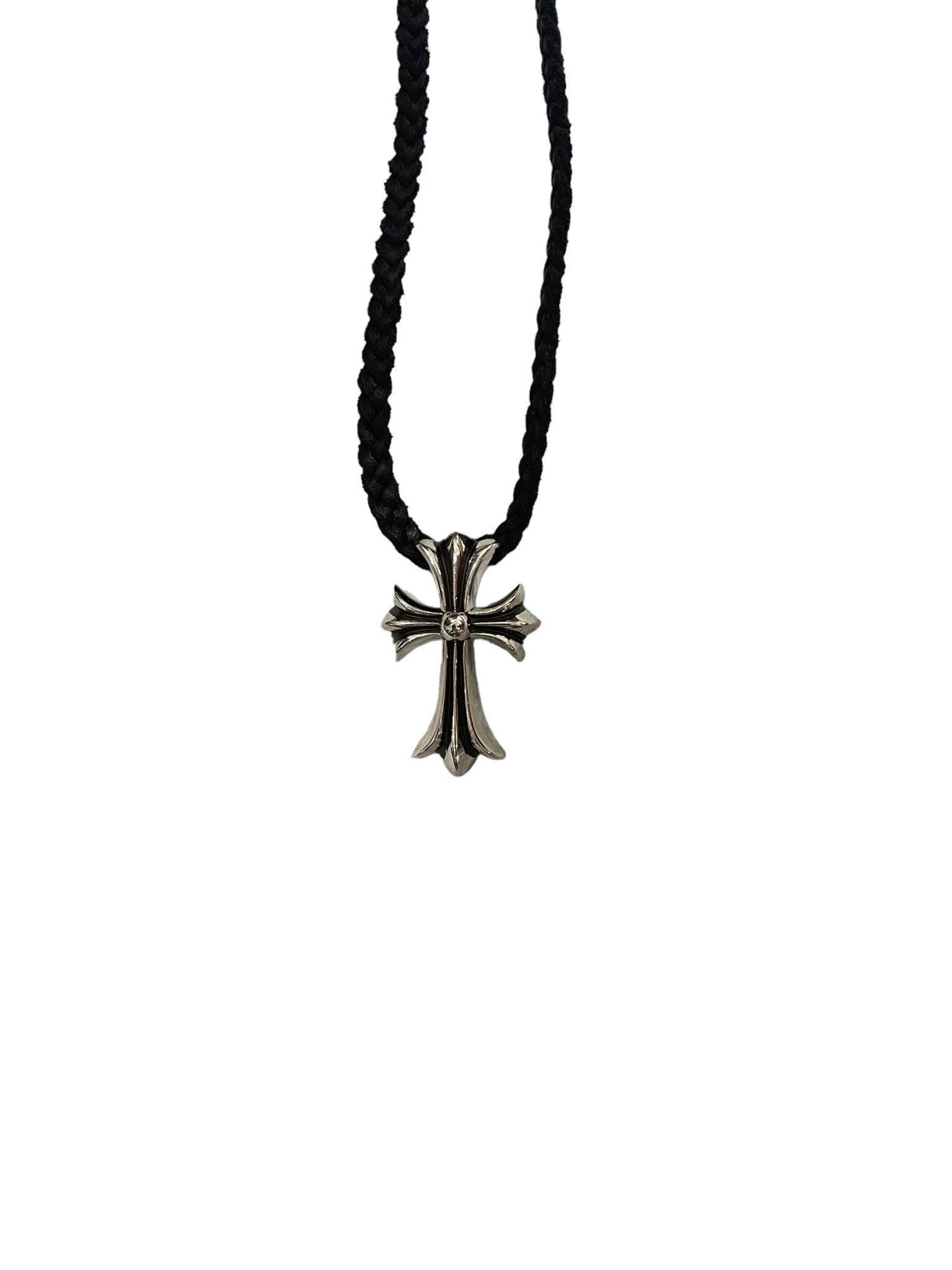 Chrome Hearts Silver Cross Pendant w/ Black Rope Chain