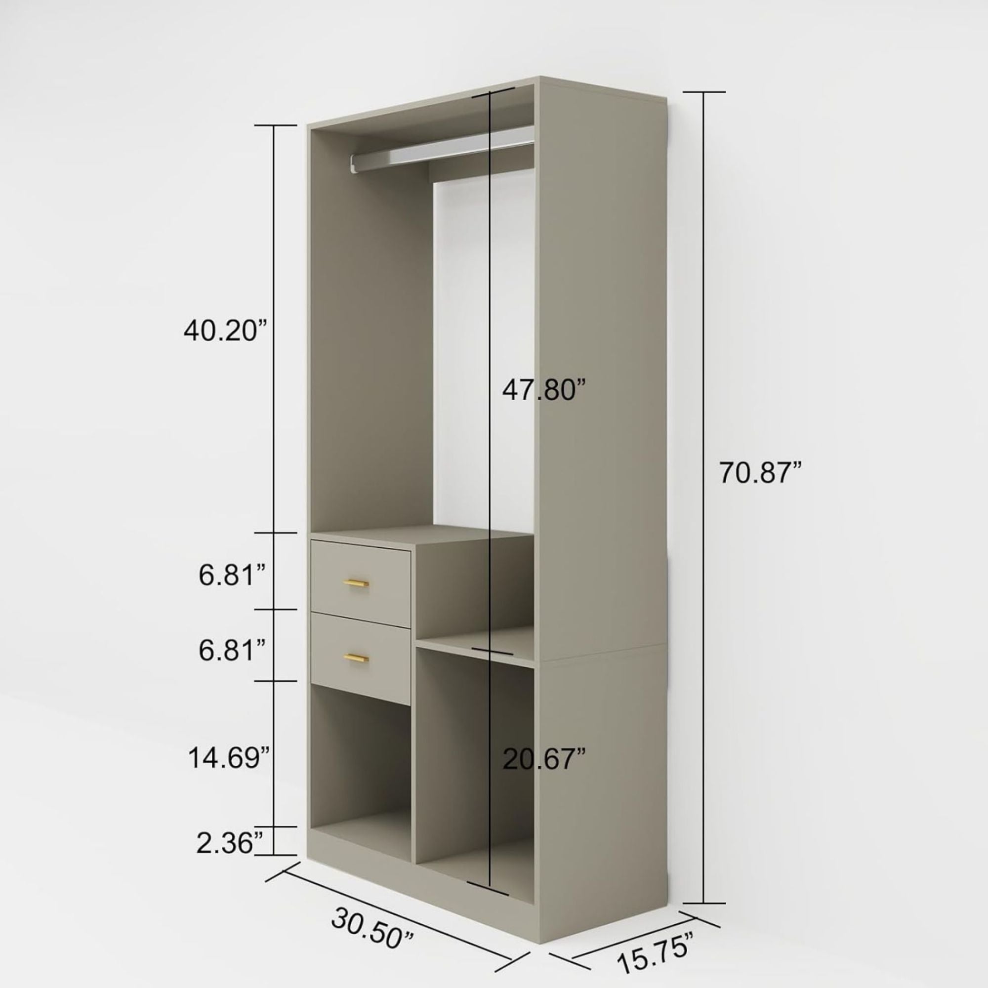 Closet Organizer System, Closet System with Drawers, Clothes Organizer with Closet Shelves Wall Mounted, Grey Wardrobe Closet with Clothing Racks for Hanging Clothes(32"W x 16"D x 71"H)
