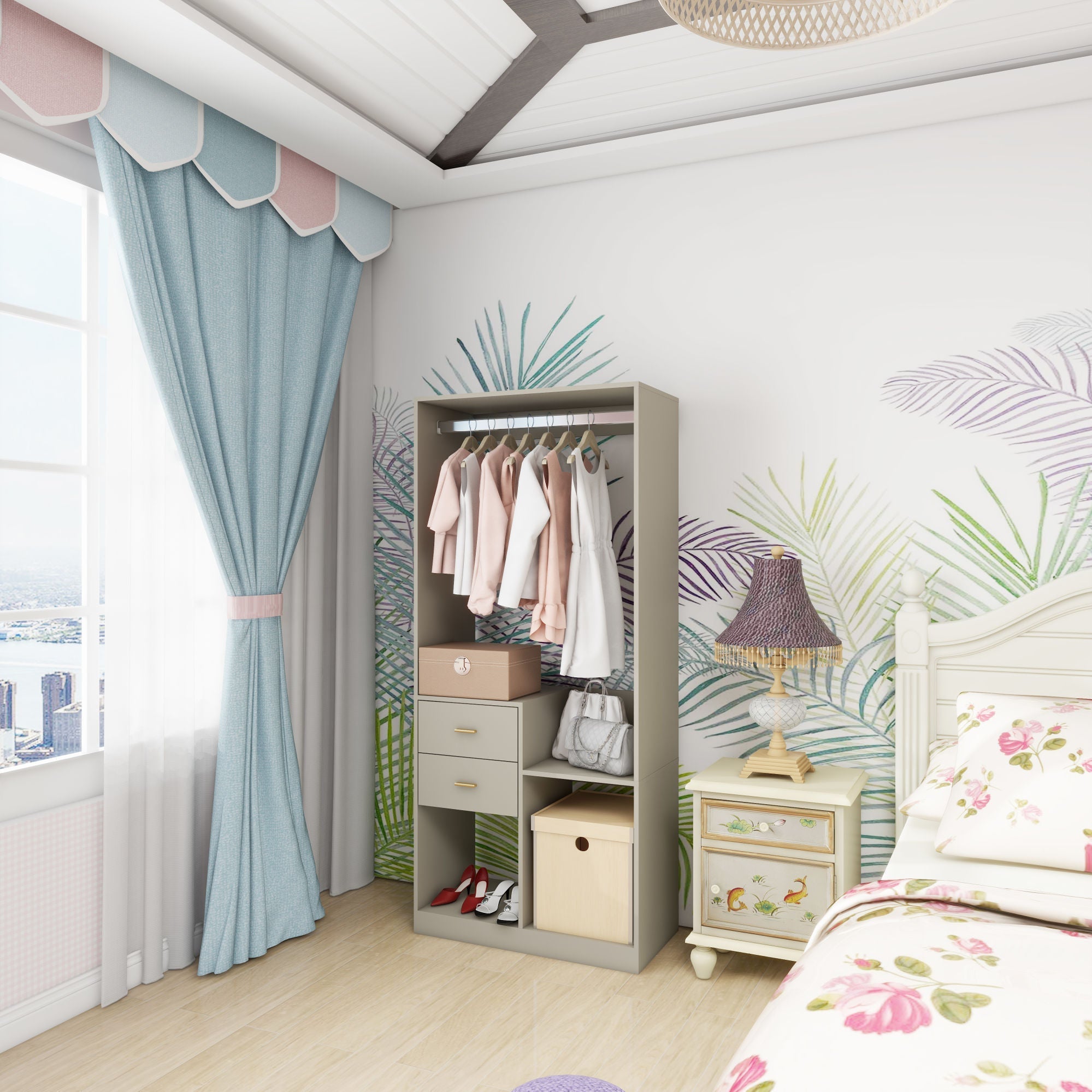 Closet Organizer System, Closet System with Drawers, Clothes Organizer with Closet Shelves Wall Mounted, Grey Wardrobe Closet with Clothing Racks for Hanging Clothes(32"W x 16"D x 71"H)