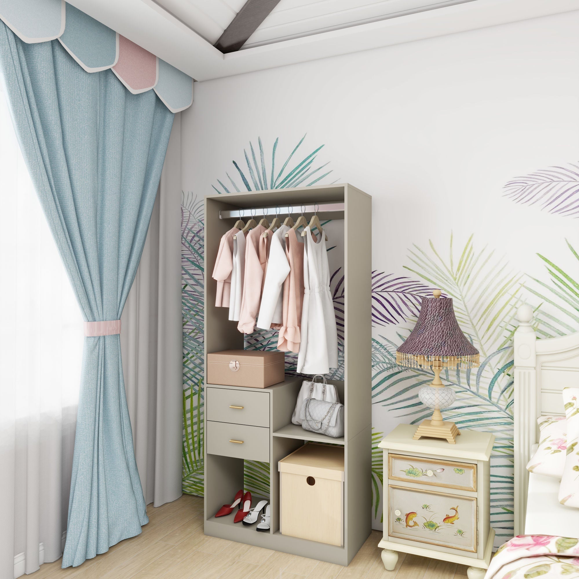 Closet Organizer System, Closet System with Drawers, Clothes Organizer with Closet Shelves Wall Mounted, Grey Wardrobe Closet with Clothing Racks for Hanging Clothes(32"W x 16"D x 71"H)