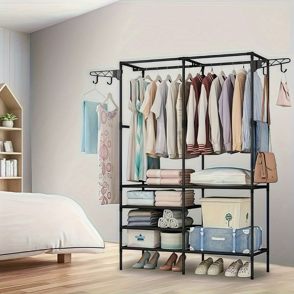 Clothing Rack Clothes Rack, 66'' Multifunctional Garment Rack for Hanging Clothes, 4 Tiers Portable Closet Rack with 4 Hooks & 2 Hanging Rods, Coated Metal Freestanding Closet Wardrobe System, Black