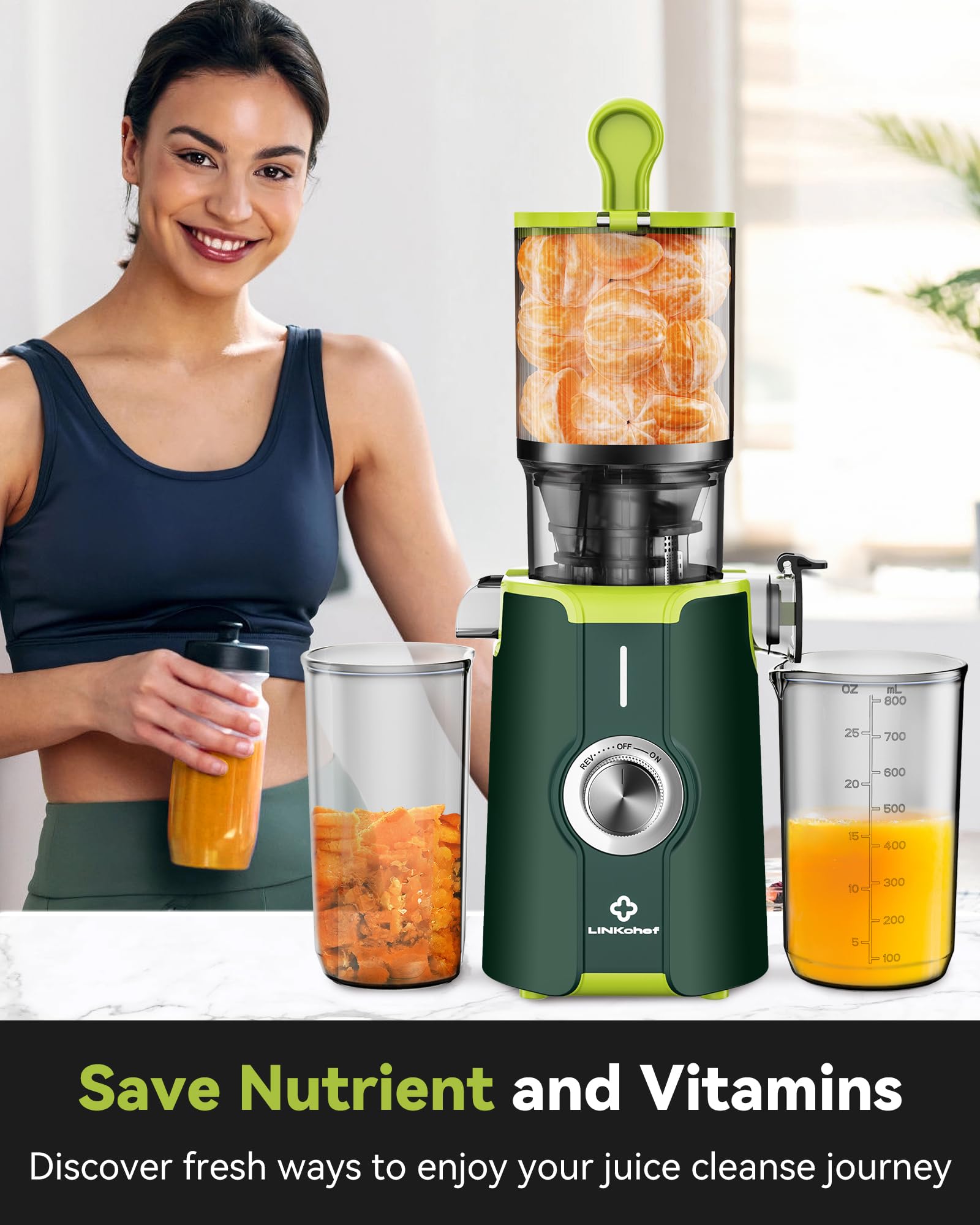 Cold Press Juicer, LINKChef Slow Masticating Juicer Machines with No-Prep 4.35" Large Feed Chute & Upgraded Auger for Whole Vegetables and Fruits, 42oz Capacity, Easy to Clean, Light Green