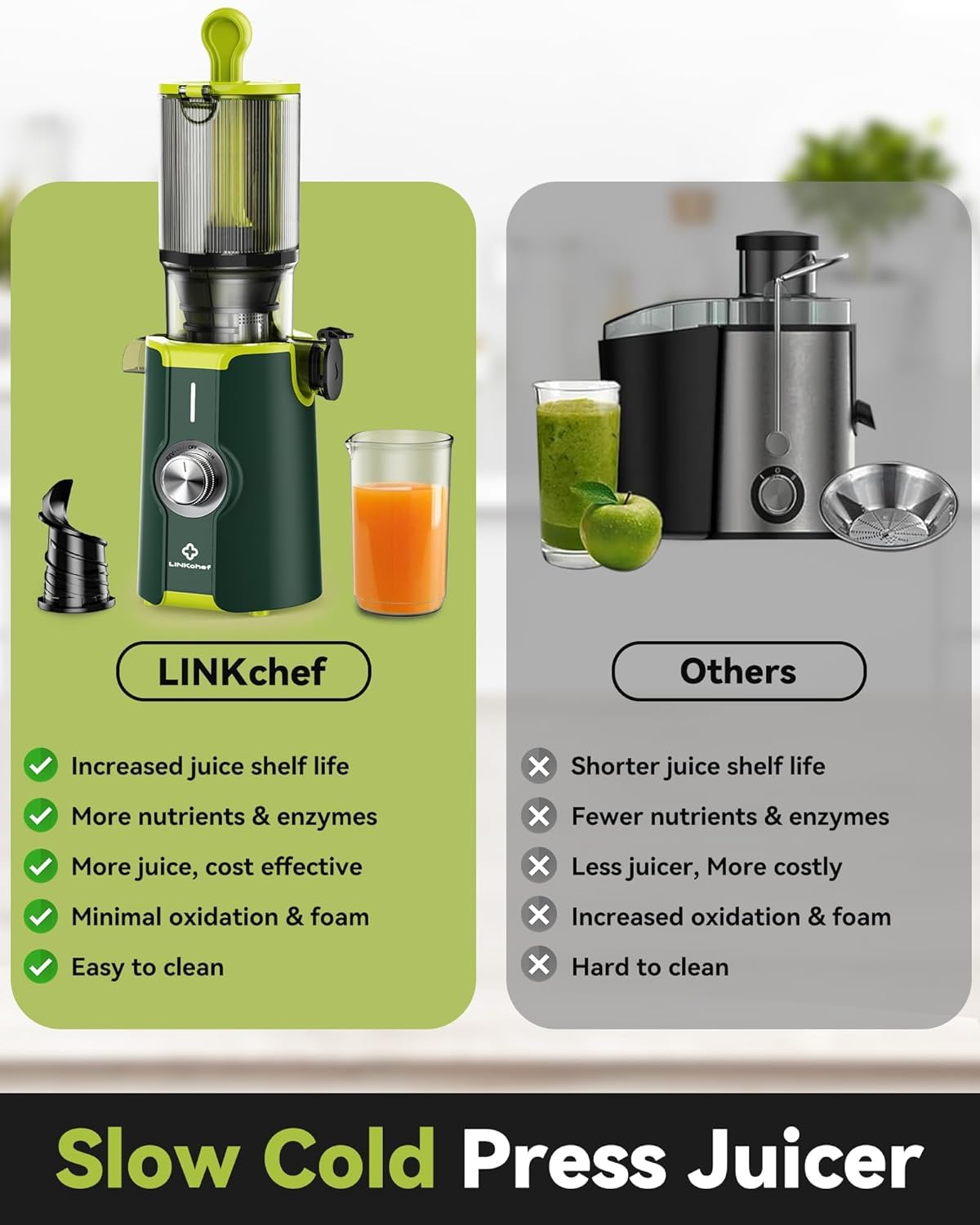 Cold Press Juicer, LINKChef Slow Masticating Juicer Machines with No-Prep 4.35" Large Feed Chute & Upgraded Auger for Whole Vegetables and Fruits, 42oz Capacity, Easy to Clean, Light Green