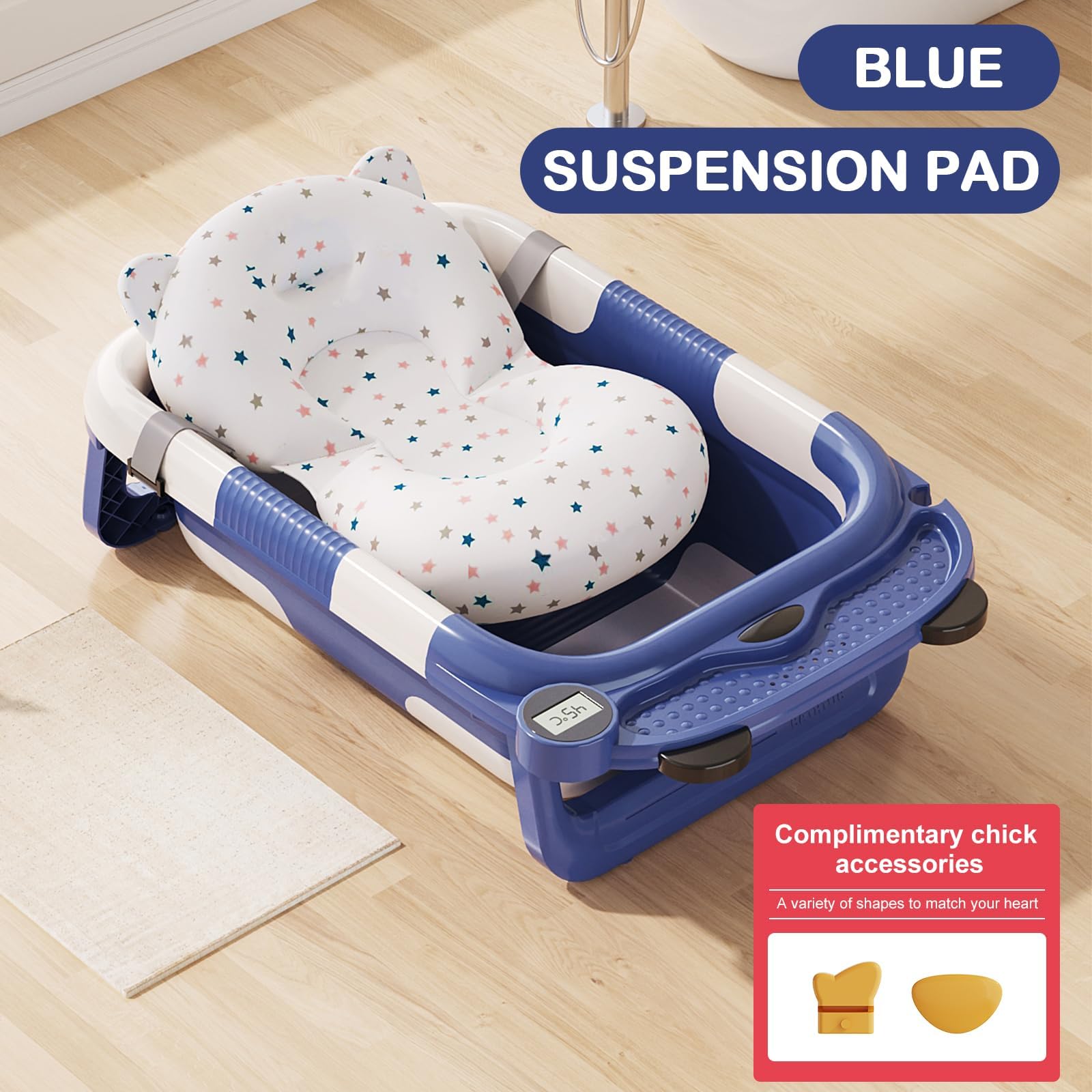 Collapsible Baby Bathtub for Newborn with Real-time Temp Monitor + Soft Floating Cushion Durable Foldable Baby Tubs for Infants to Toddler, Portable Travel Bathtub with Drain Hole Grey