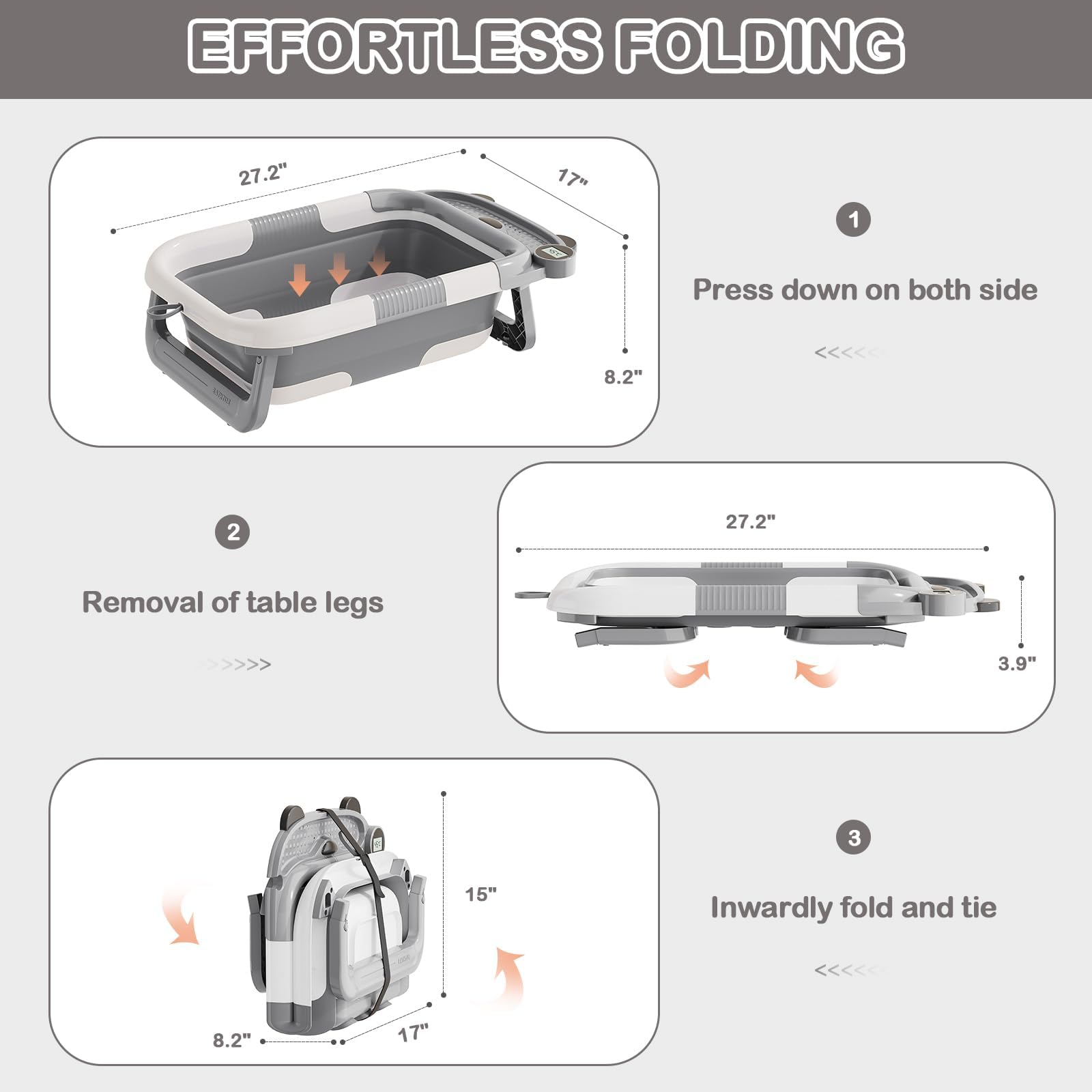 Collapsible Baby Bathtub for Newborn with Real-time Temp Monitor + Soft Floating Cushion Durable Foldable Baby Tubs for Infants to Toddler, Portable Travel Bathtub with Drain Hole Grey