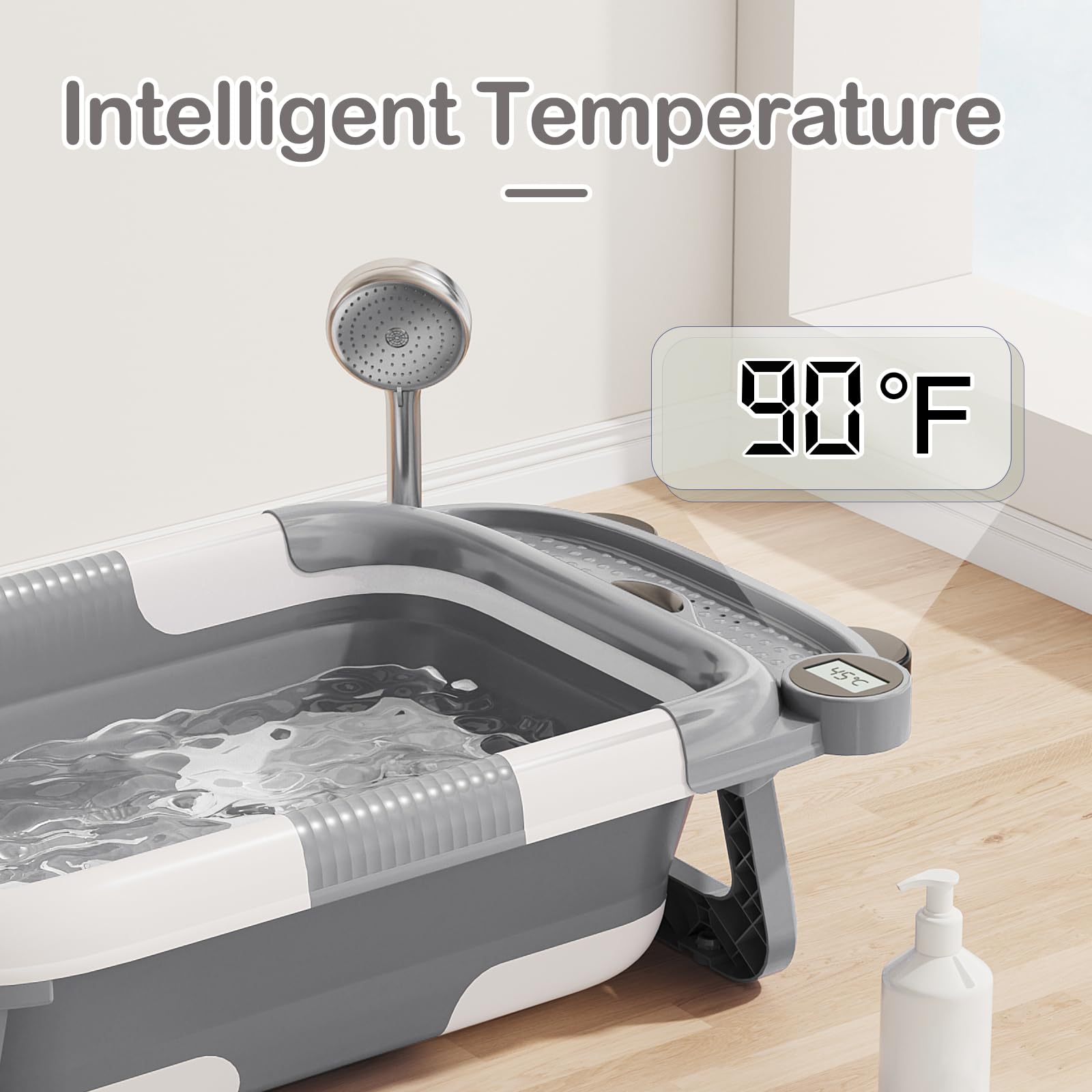 Collapsible Baby Bathtub for Newborn with Real-time Temp Monitor + Soft Floating Cushion Durable Foldable Baby Tubs for Infants to Toddler, Portable Travel Bathtub with Drain Hole Grey
