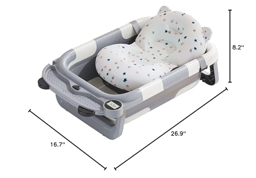 Collapsible Baby Bathtub for Newborn with Real-time Temp Monitor + Soft Floating Cushion Durable Foldable Baby Tubs for Infants to Toddler, Portable Travel Bathtub with Drain Hole Grey