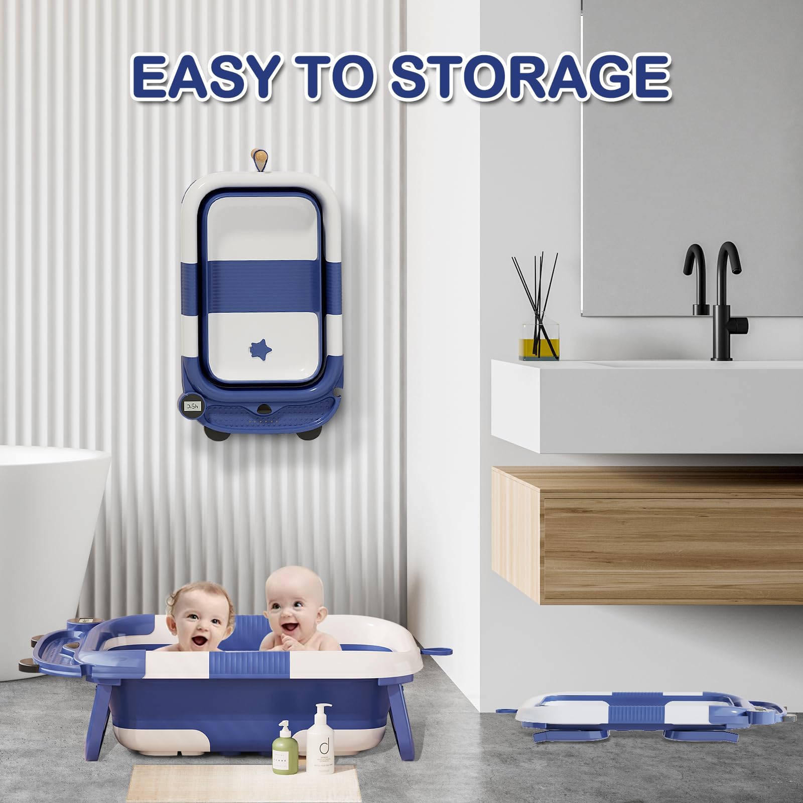 Collapsible Baby Bathtub for Newborn with Real-time Temp Monitor + Soft Floating Cushion Durable Foldable Baby Tubs for Infants to Toddler, Portable Travel Bathtub with Drain Hole Grey