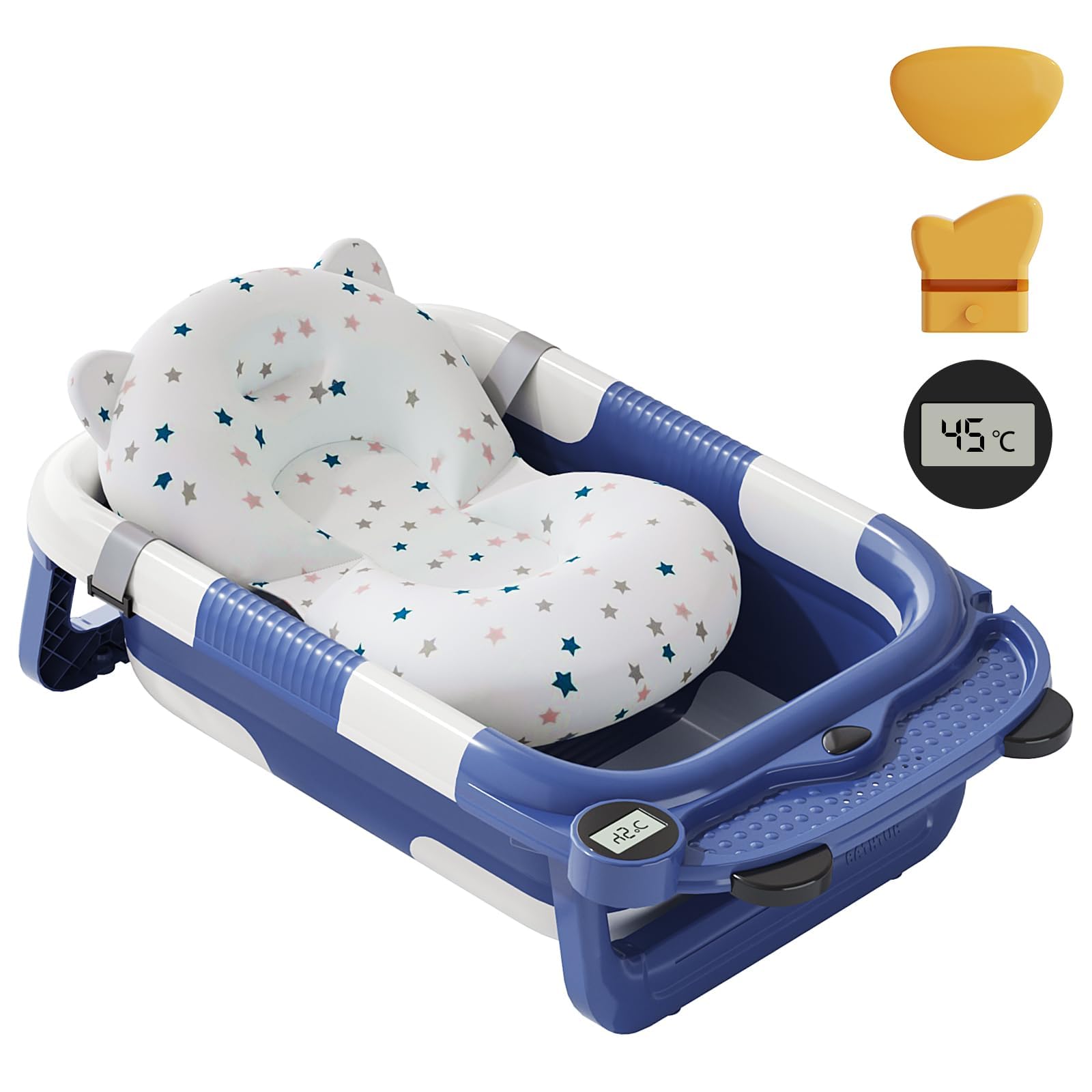 Collapsible Baby Bathtub for Newborn with Real-time Temp Monitor + Soft Floating Cushion Durable Foldable Baby Tubs for Infants to Toddler, Portable Travel Bathtub with Drain Hole Grey