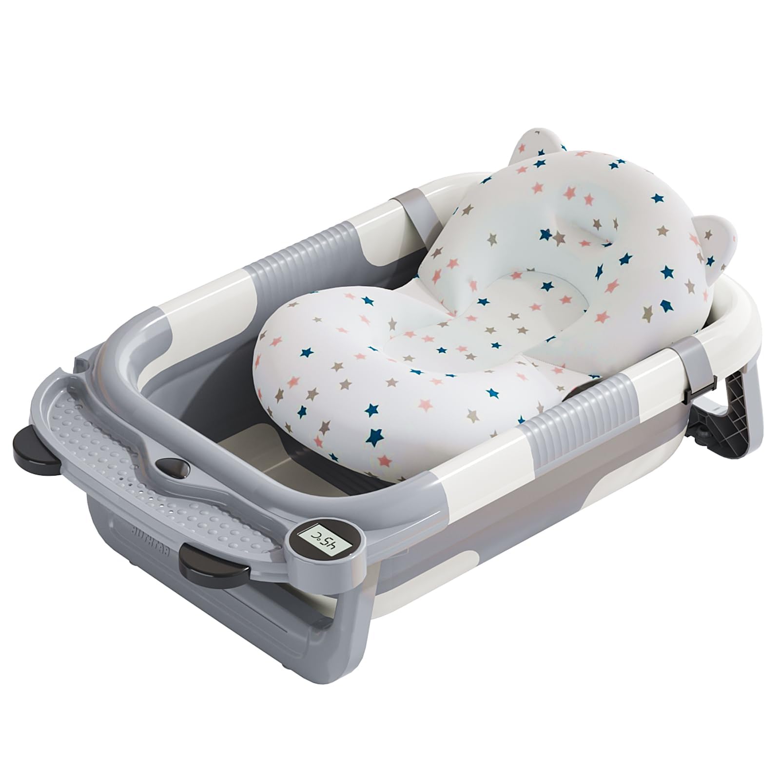 Collapsible Baby Bathtub for Newborn with Real-time Temp Monitor + Soft Floating Cushion Durable Foldable Baby Tubs for Infants to Toddler, Portable Travel Bathtub with Drain Hole Grey
