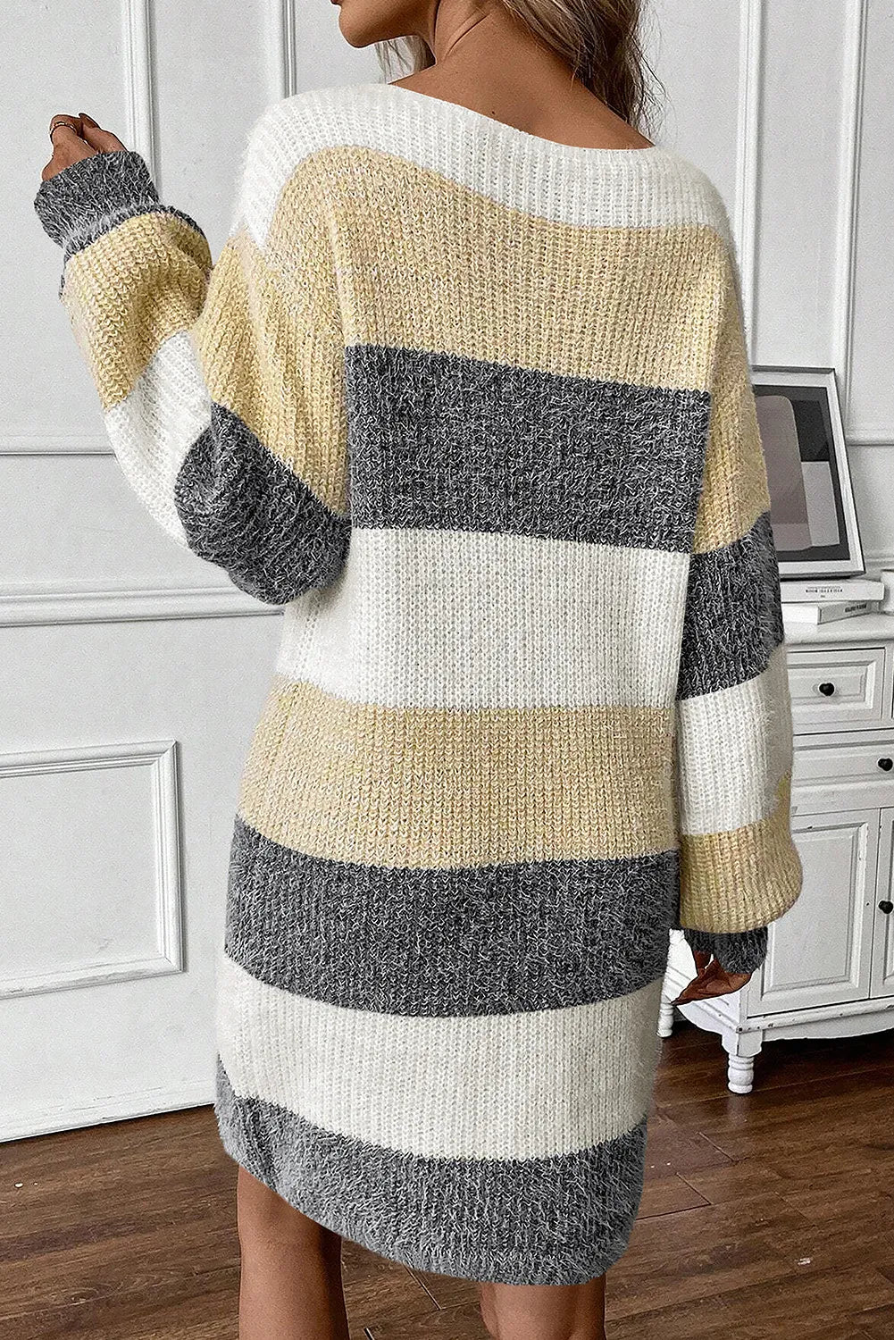 Color Block Boat Neck Long Sleeve Sweater Dress For women