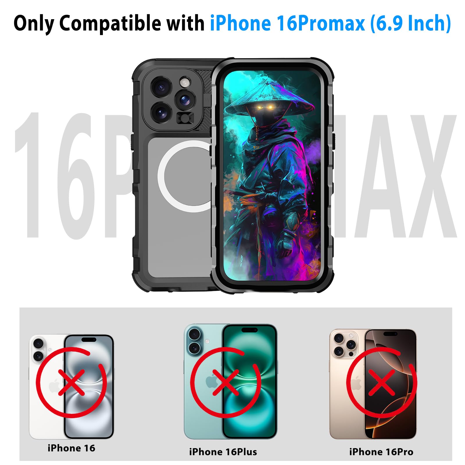 Compatible with iPhone 16 Pro Max Waterproof Case, Shockproof Phone Case with Built in Screen Protector, Full Body Protective Case for iPhone 16 Pro Max 6.9 inch 2024 (Black, 16 Pro Max)