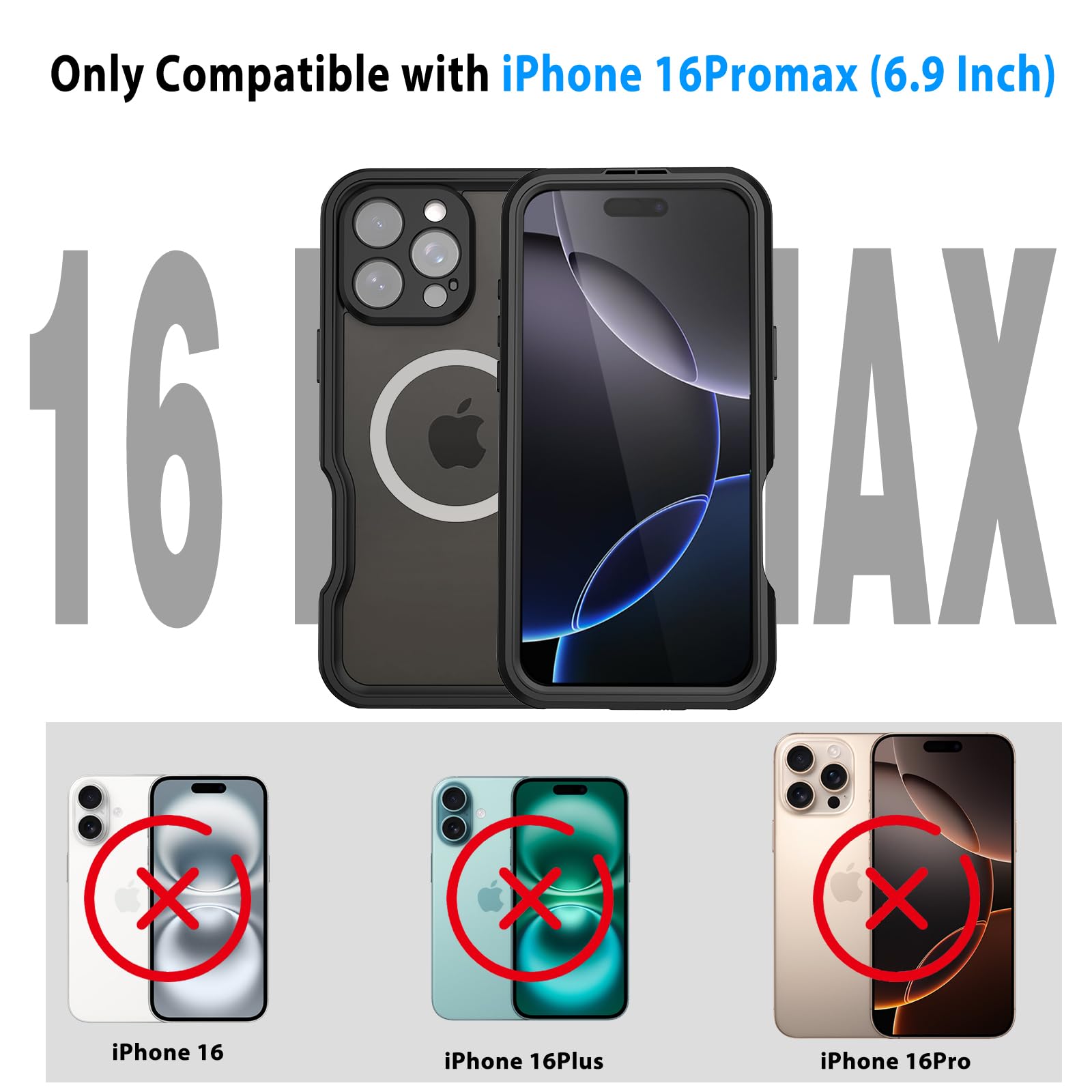 Compatible with iPhone 16 Pro Max Waterproof Case, Shockproof Phone Case with Built in Screen Protector, Full Body Protective Case for iPhone 16 Pro Max 6.9 inch 2024 (Black, 16 Pro Max)