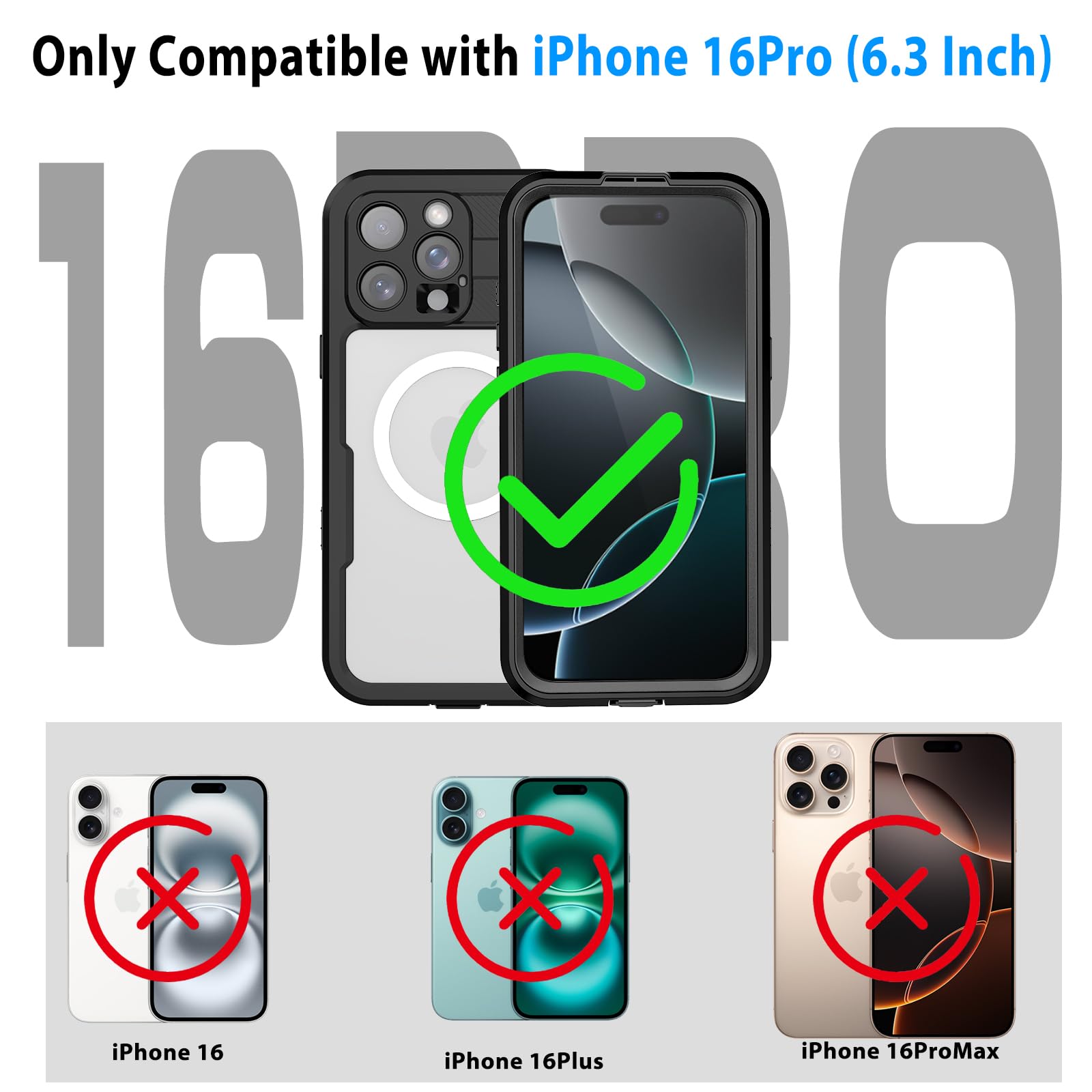 Compatible with iPhone 16 Pro Max Waterproof Case, Shockproof Phone Case with Built in Screen Protector, Full Body Protective Case for iPhone 16 Pro Max 6.9 inch 2024 (Black, 16 Pro Max)