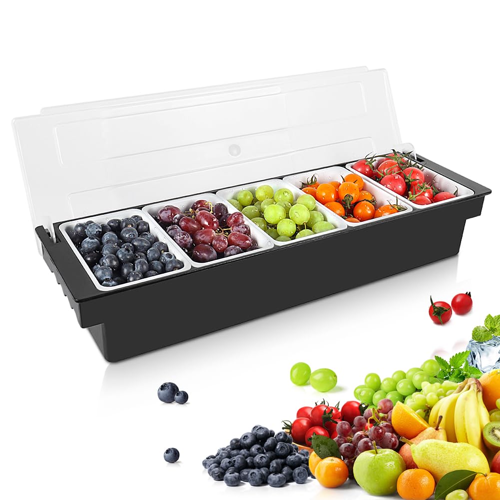 Condiment Garnish Tray Caddy For Bartenders,Bar Garnish Fruit Caddy With Lid,Plastic Condiment Container For Bartending,Outside Parties(4 Compartment)