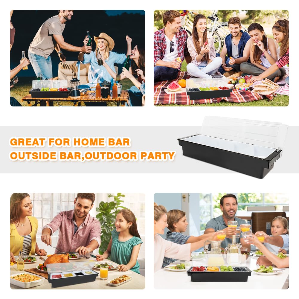 Condiment Garnish Tray Caddy For Bartenders,Bar Garnish Fruit Caddy With Lid,Plastic Condiment Container For Bartending,Outside Parties(4 Compartment)