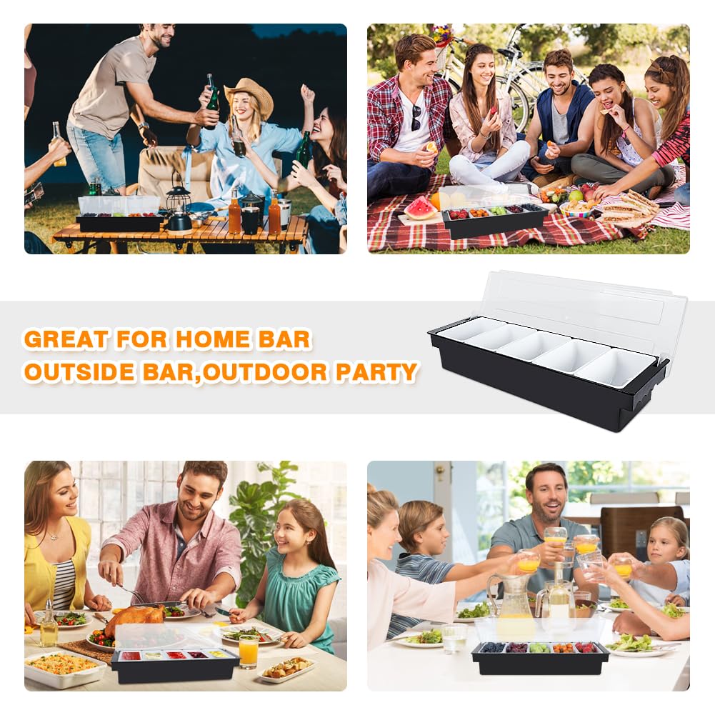Condiment Garnish Tray Caddy For Bartenders,Bar Garnish Fruit Caddy With Lid,Plastic Condiment Container For Bartending,Outside Parties(4 Compartment)