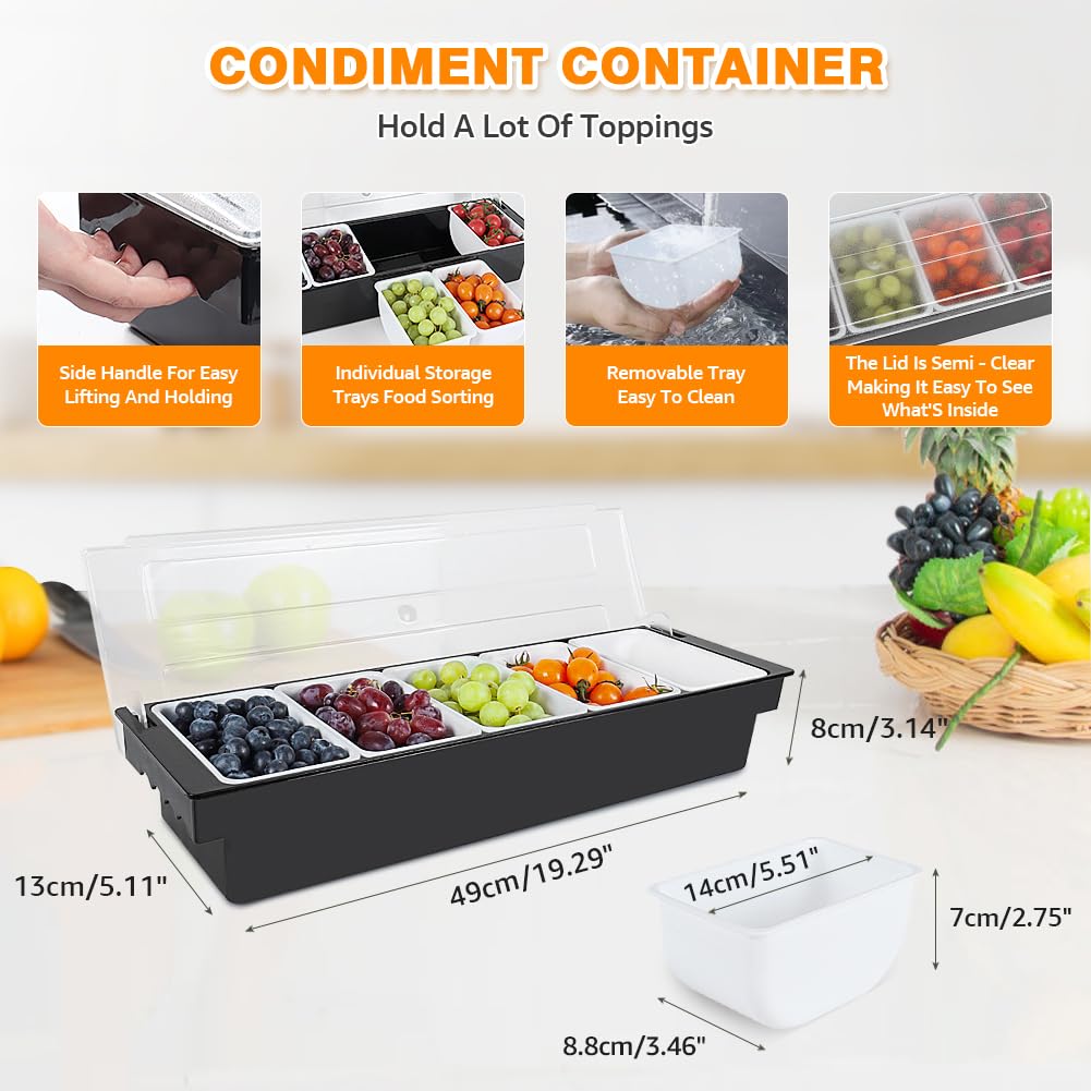Condiment Garnish Tray Caddy For Bartenders,Bar Garnish Fruit Caddy With Lid,Plastic Condiment Container For Bartending,Outside Parties(4 Compartment)