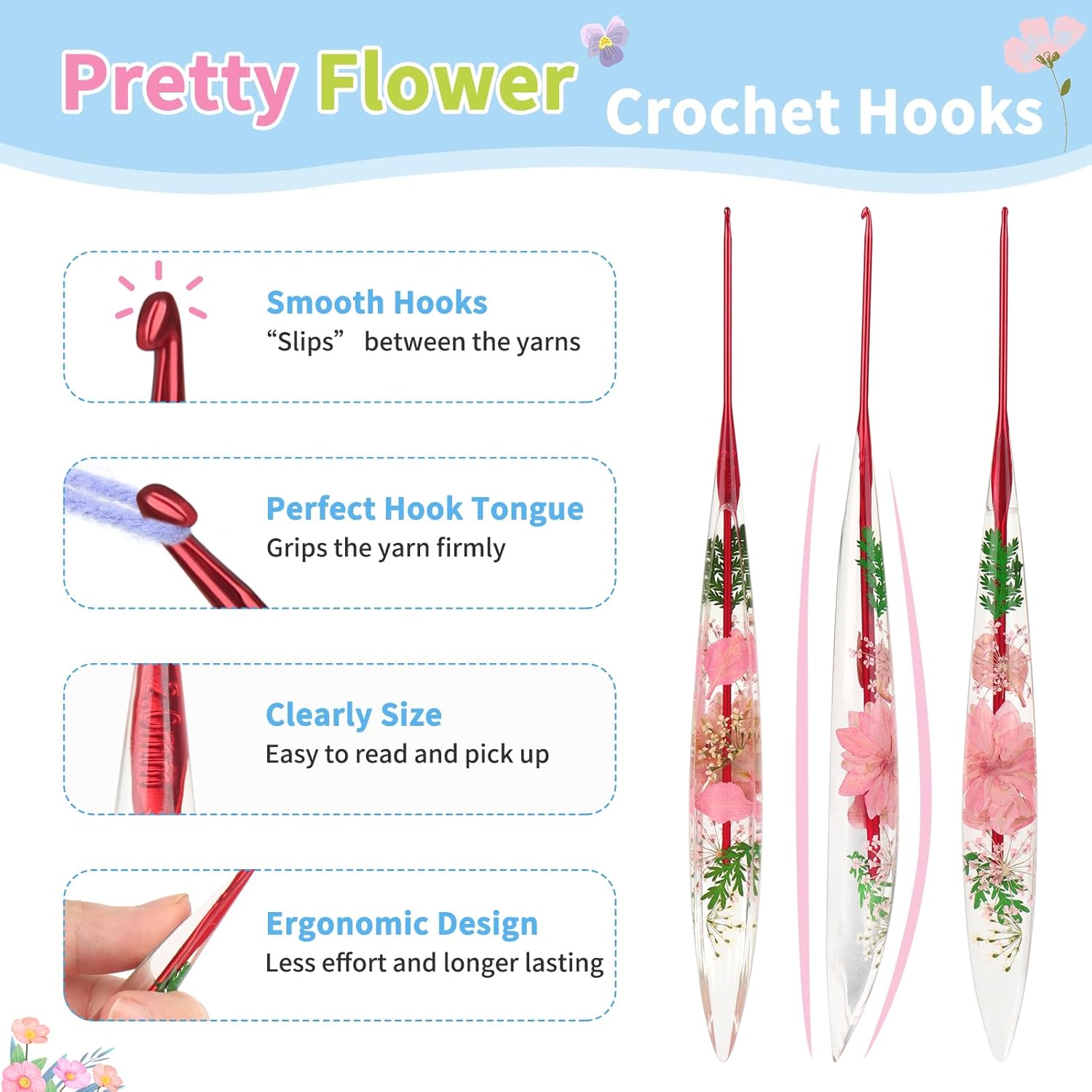 Coopay Crochet Hooks, 2mm Crochet Hook Ergonomic, See-Through Resin Handle with Flowers Inside, Pretty & Pleasant, Ideal for Crocheting Blankets, Dolls, Shawls, Hats, Scarves (B-2.0mm)