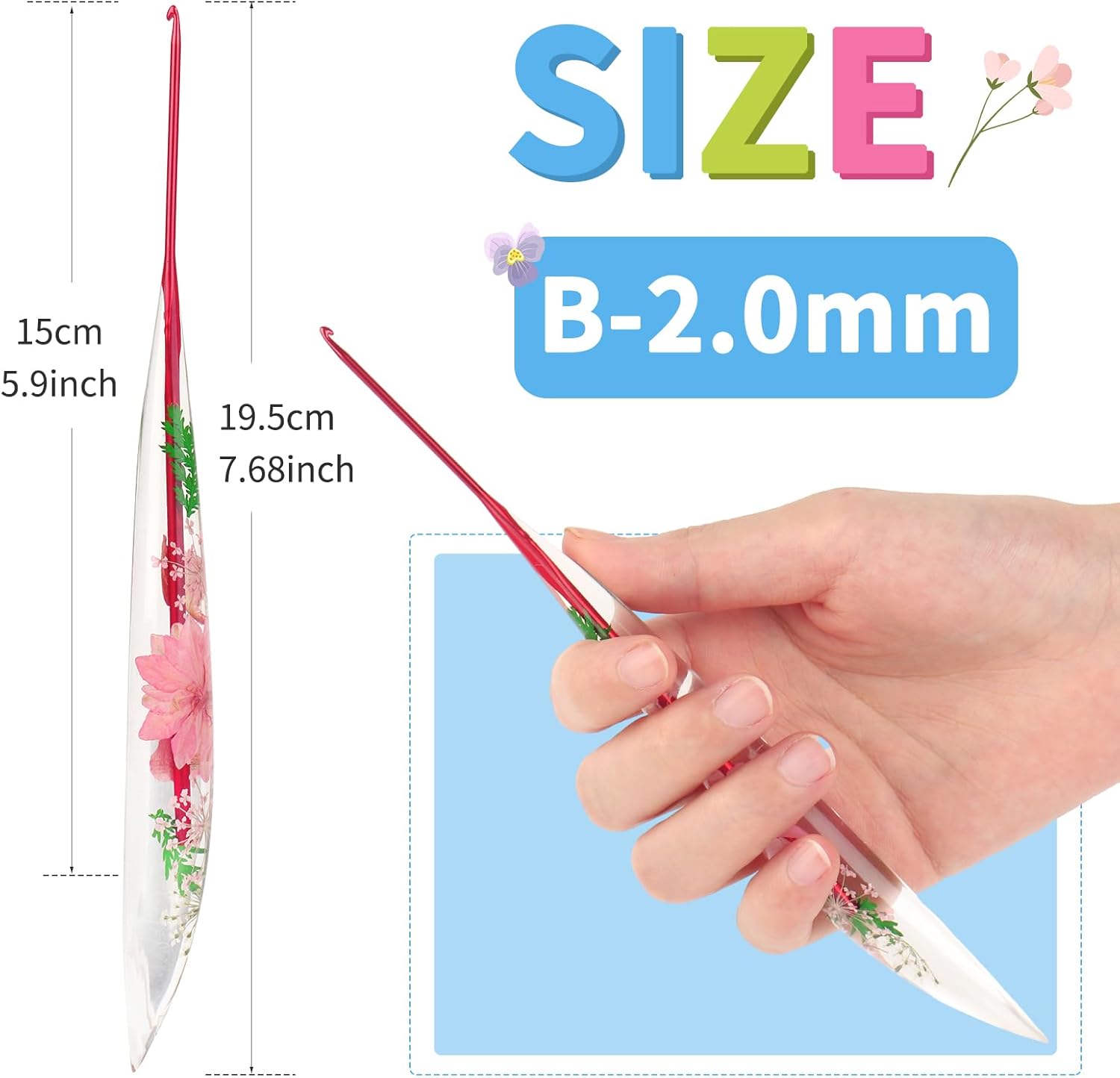Coopay Crochet Hooks, 2mm Crochet Hook Ergonomic, See-Through Resin Handle with Flowers Inside, Pretty & Pleasant, Ideal for Crocheting Blankets, Dolls, Shawls, Hats, Scarves (B-2.0mm)
