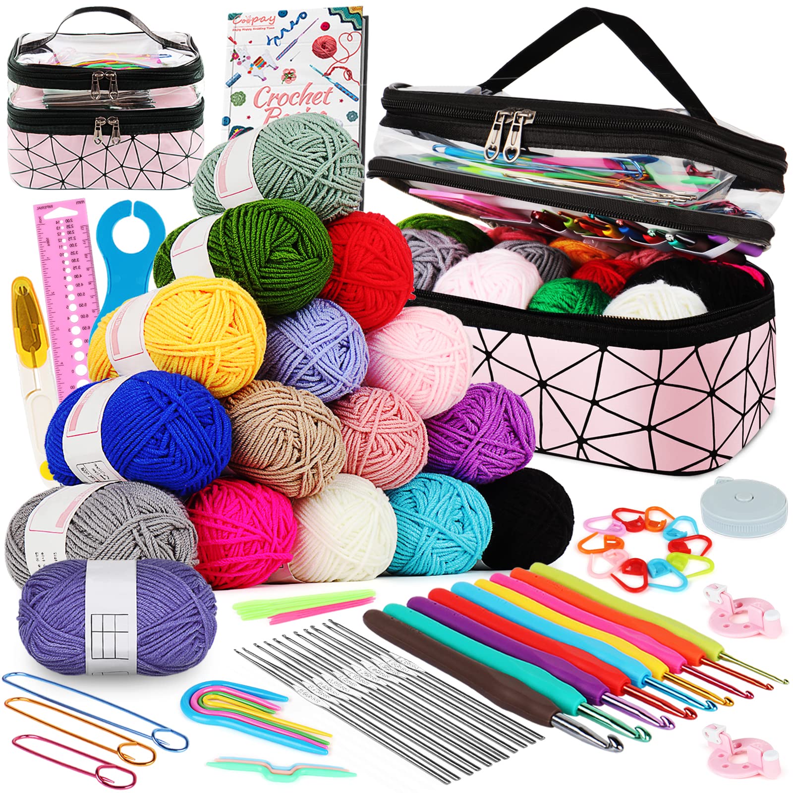 Coopay Crochet Kit Beginners Crochet Hook Set with Crochet Yarn,58PCS Portable Crochet Set Ergonomic Crochet Hooks Travel Knitting Crochet Supplies