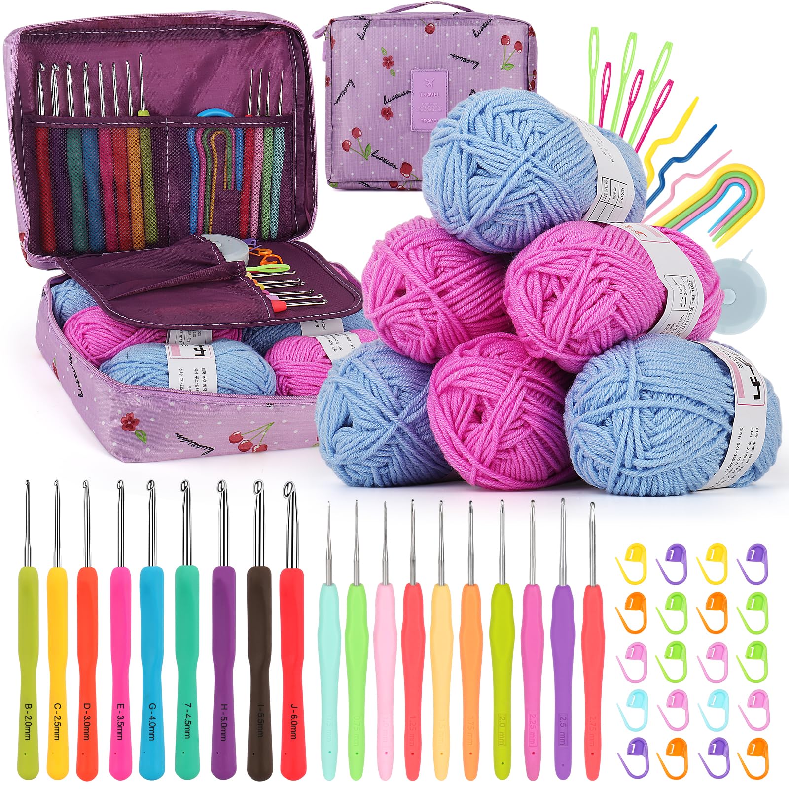 Coopay Crochet Kit Beginners Crochet Hook Set with Crochet Yarn,58PCS Portable Crochet Set Ergonomic Crochet Hooks Travel Knitting Crochet Supplies