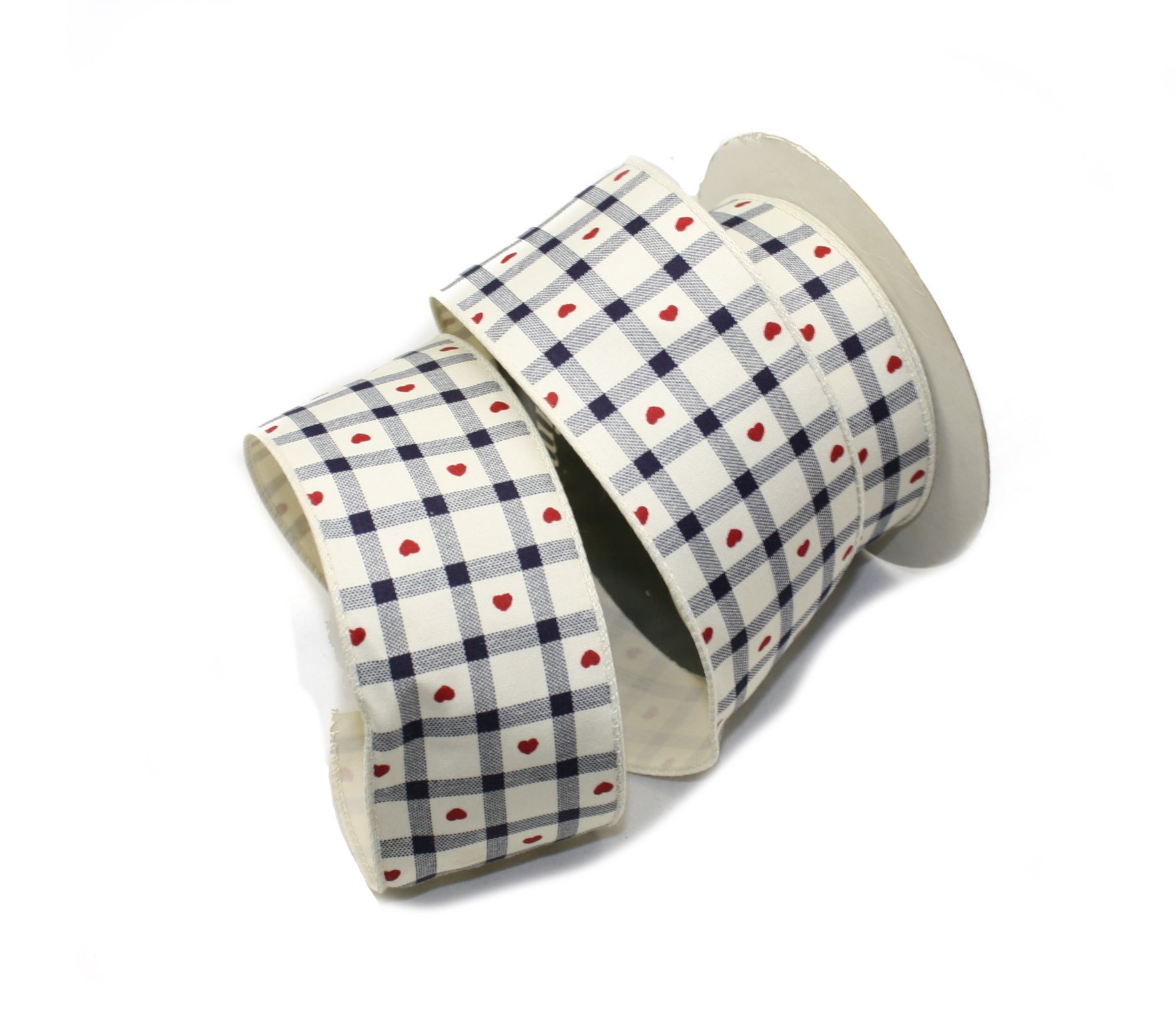 Heart Blue Check Wire Edge Ribbon