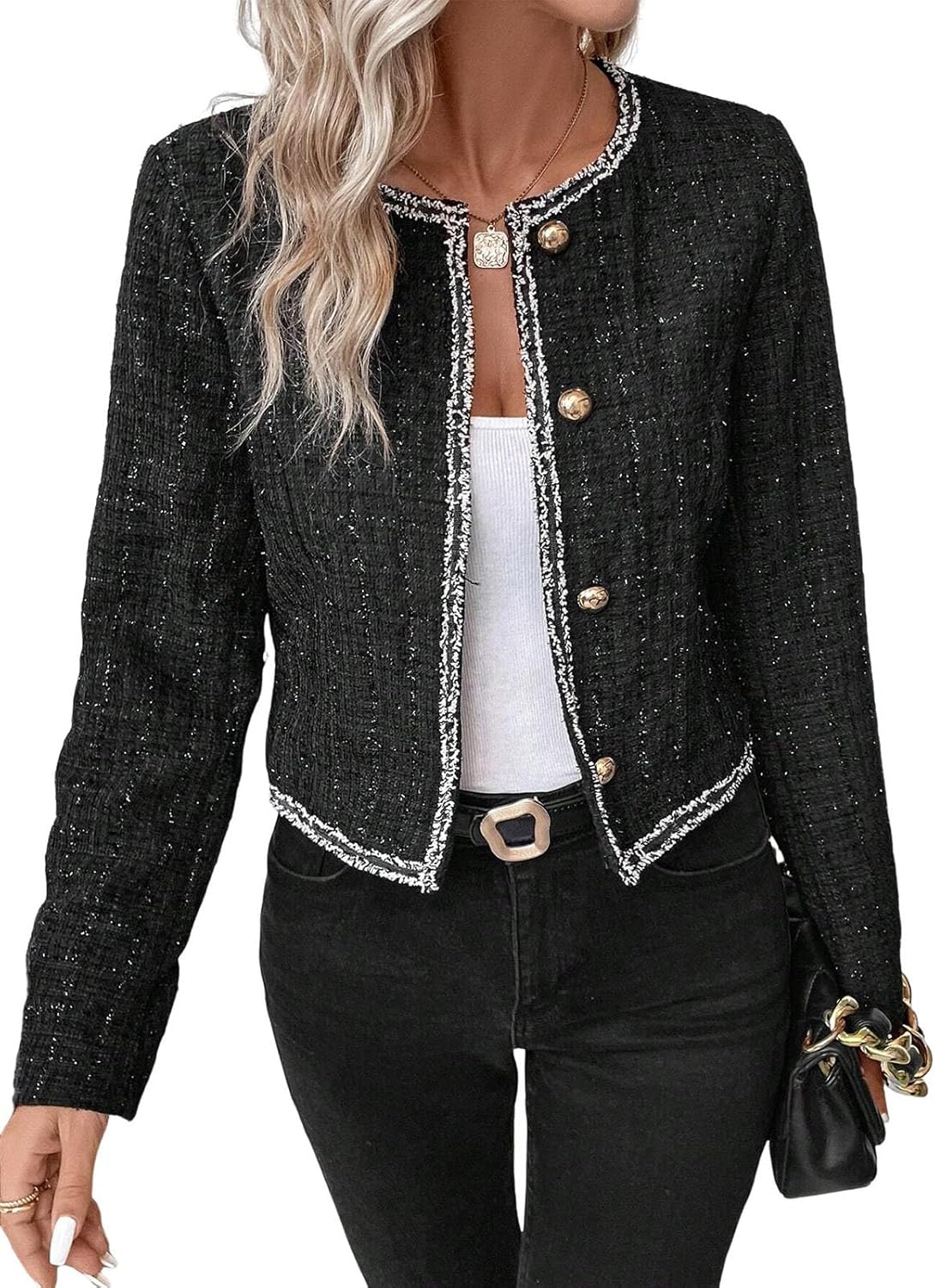 Cropped Jacket Tweed Blazers for Women Black Fall Winter 2023 Blazer Business Casual Womens Blazer Warm Coat Fashion Fitted Slim Suit Jackets Coat Black XXL