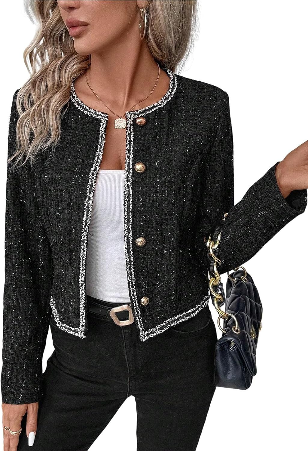 Cropped Jacket Tweed Blazers for Women Black Fall Winter 2023 Blazer Business Casual Womens Blazer Warm Coat Fashion Fitted Slim Suit Jackets Coat Black XXL